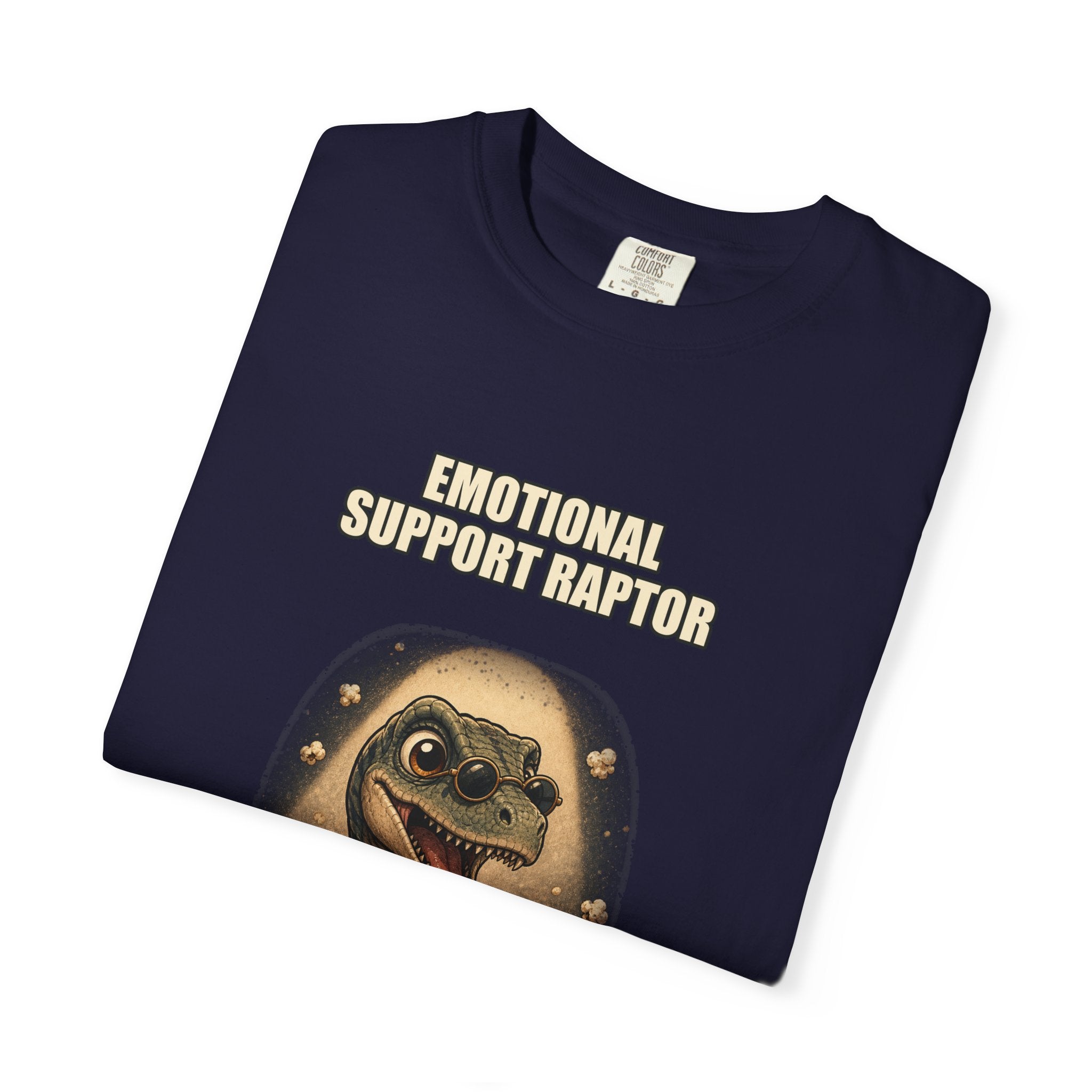 Emotional Support Raptor T-Shirt — Funny Dino Graphic Tee with Popcorn