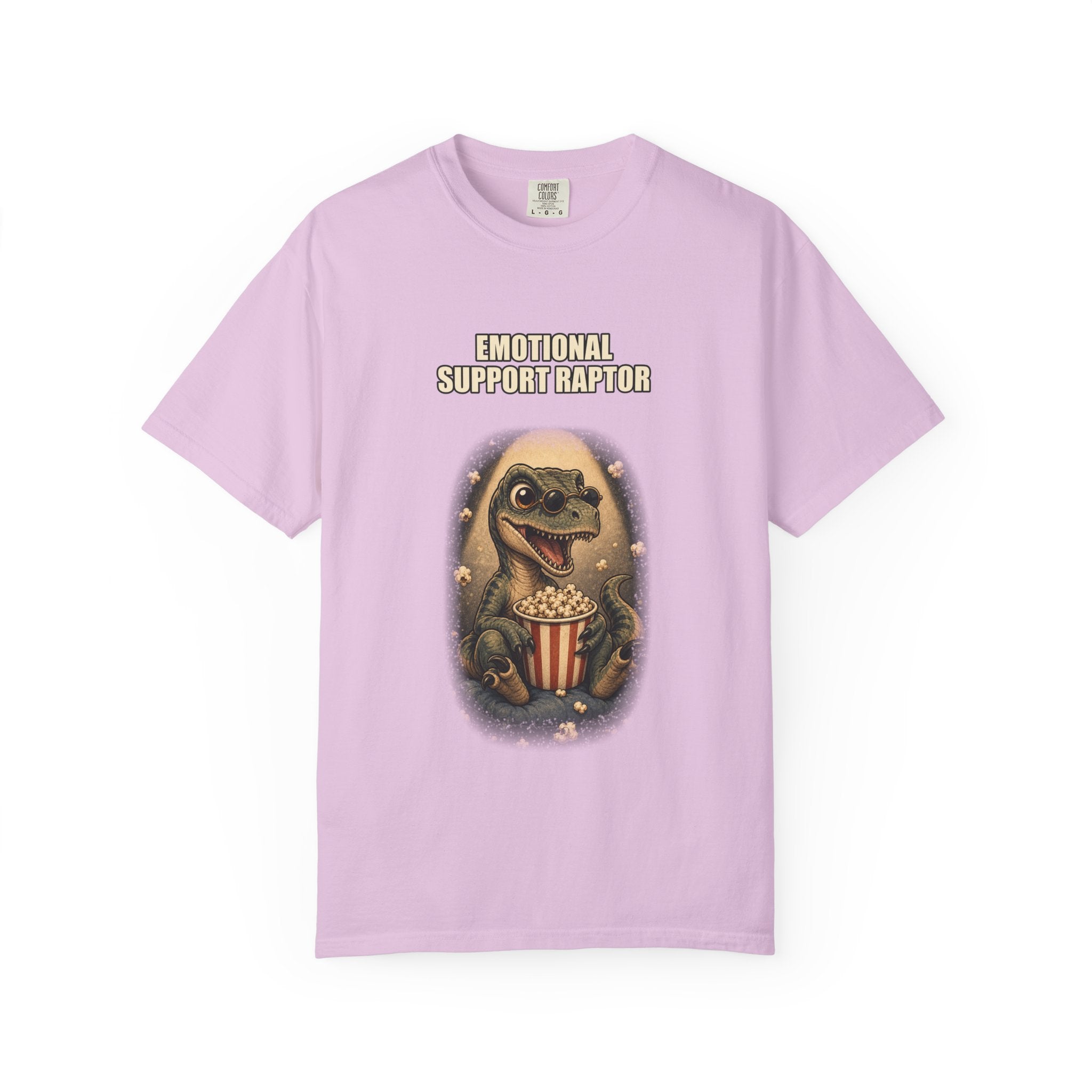 Emotional Support Raptor T-Shirt — Funny Dino Graphic Tee with Popcorn