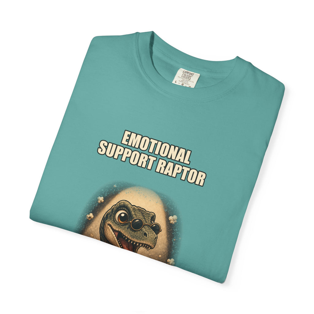 Emotional Support Raptor T-Shirt — Funny Dino Graphic Tee with Popcorn
