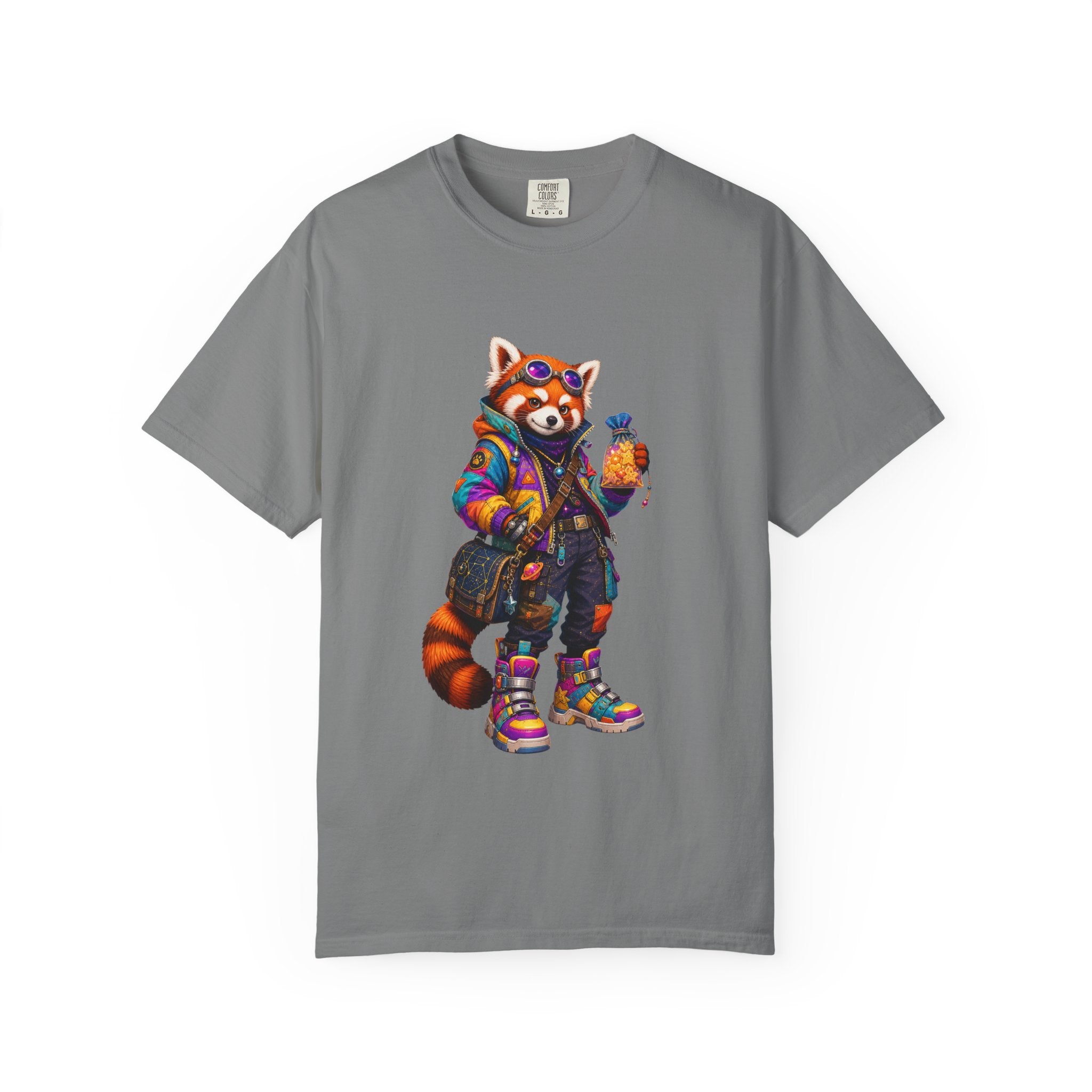 Streetwear Red Panda Graphic T-Shirt — Colorful Urban Fox with Bubble Tea