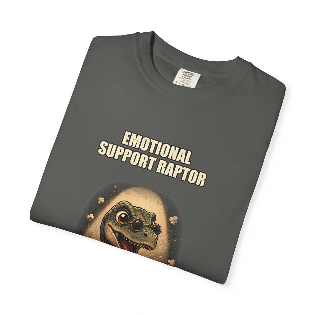 Emotional Support Raptor T-Shirt — Funny Dino Graphic Tee with Popcorn