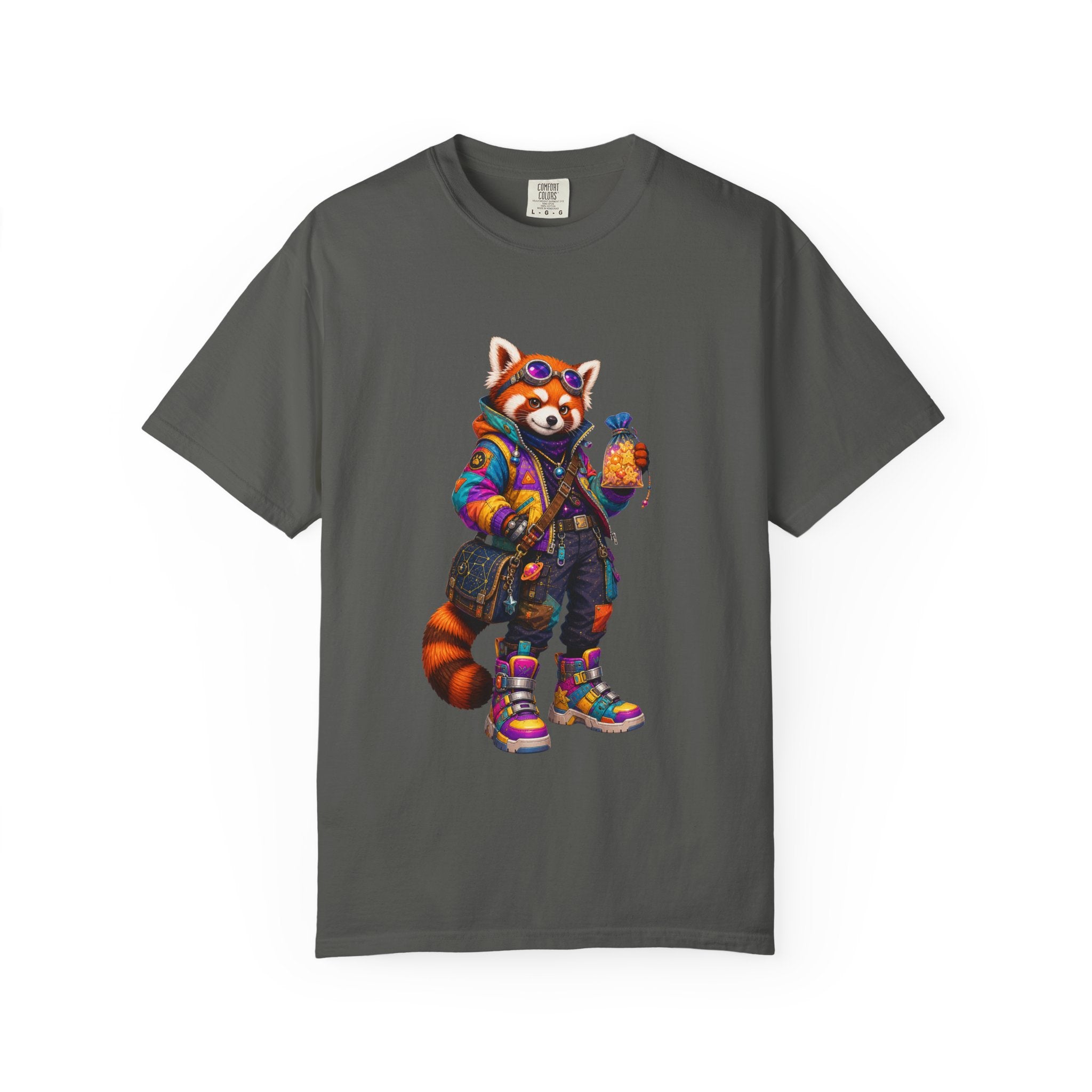 Streetwear Red Panda Graphic T-Shirt — Colorful Urban Fox with Bubble Tea