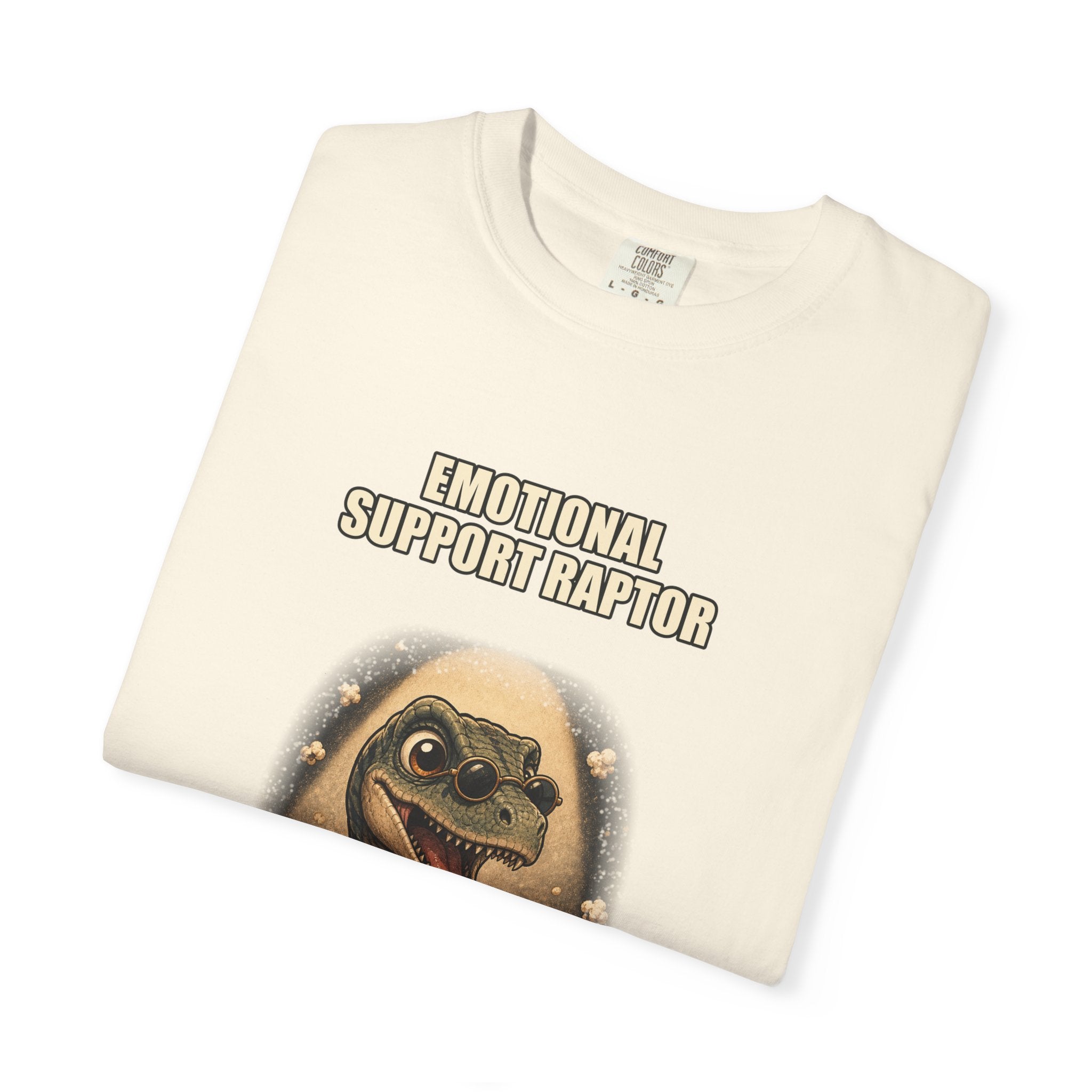 Emotional Support Raptor T-Shirt — Funny Dino Graphic Tee with Popcorn