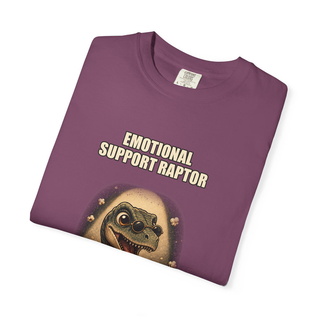 Emotional Support Raptor T-Shirt — Funny Dino Graphic Tee with Popcorn