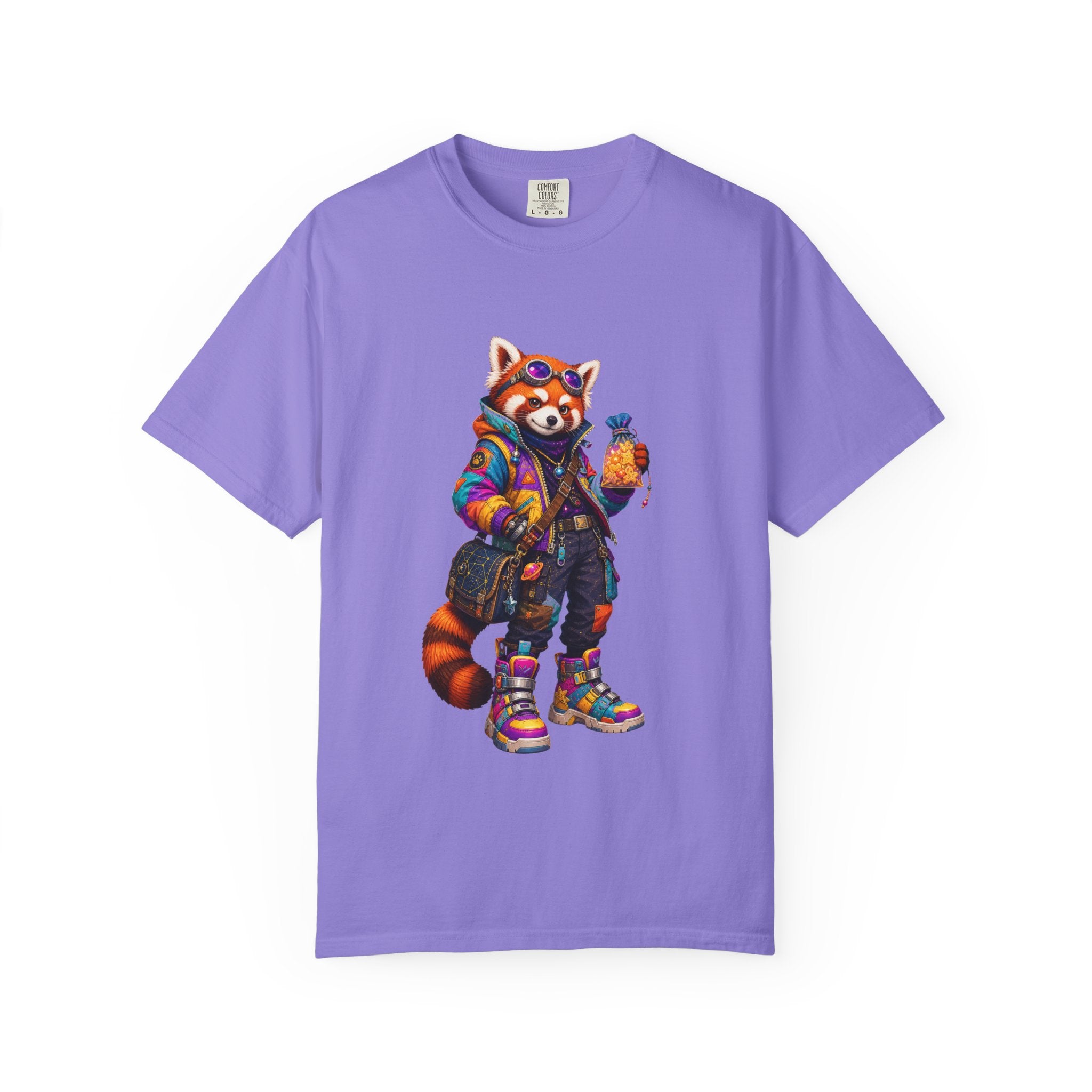 Streetwear Red Panda Graphic T-Shirt — Colorful Urban Fox with Bubble Tea