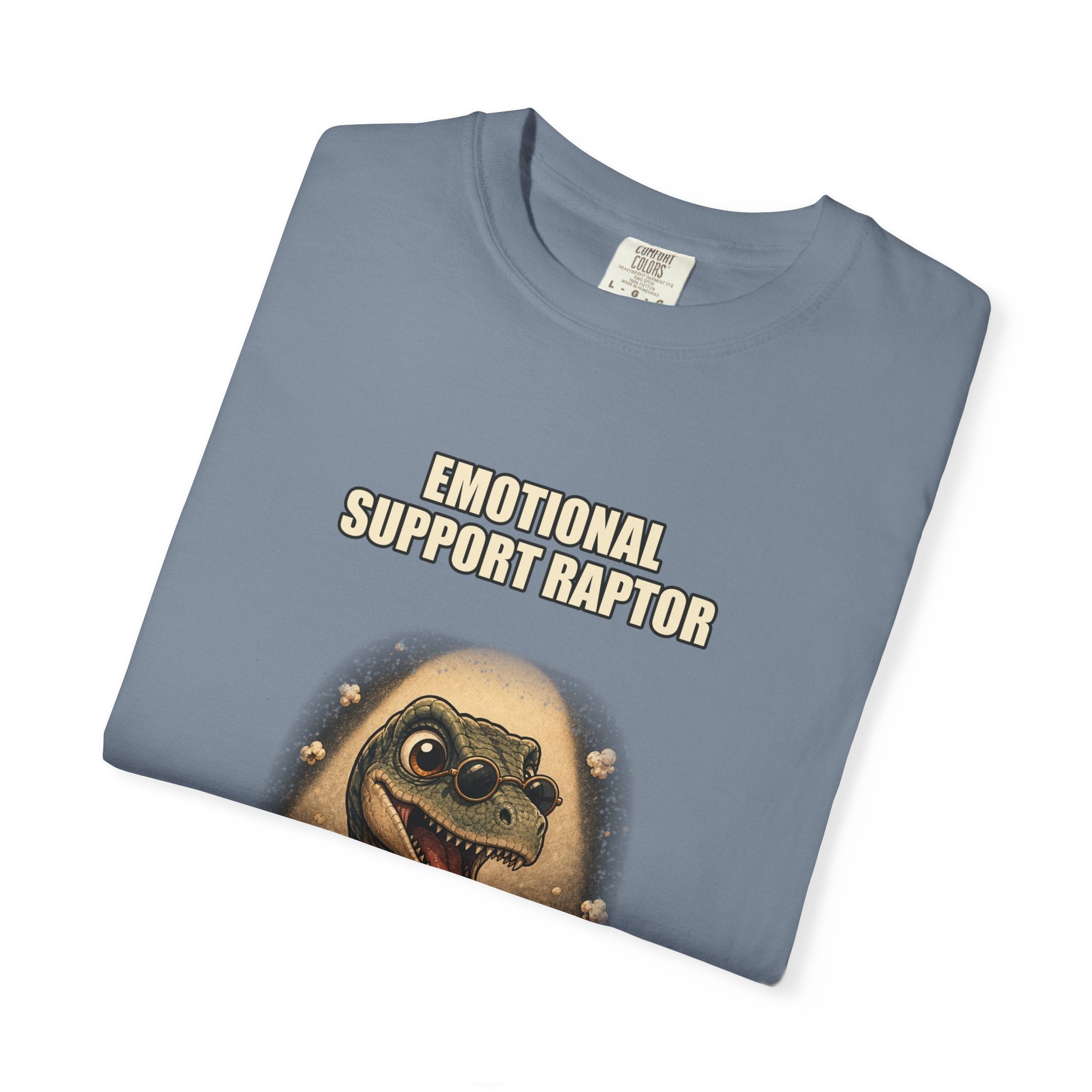 Emotional Support Raptor T-Shirt — Funny Dino Graphic Tee with Popcorn