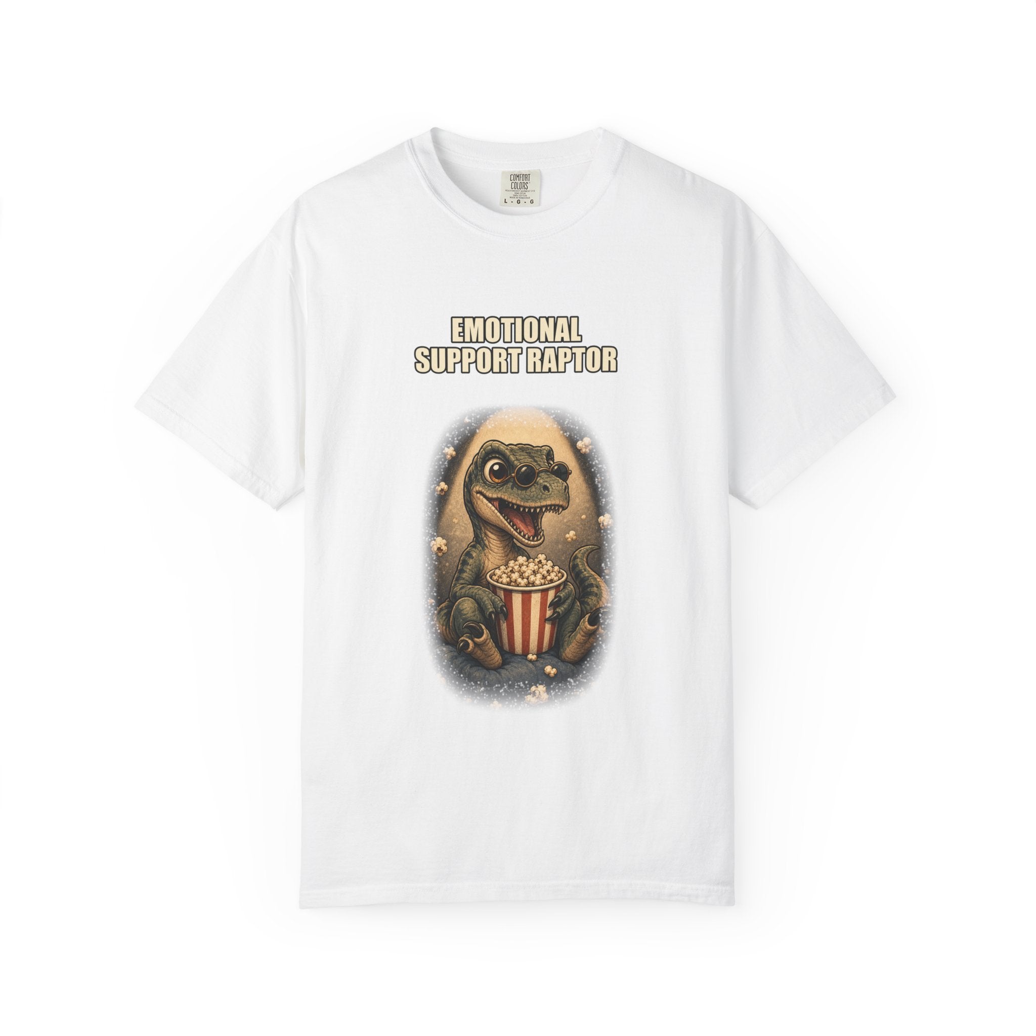 Emotional Support Raptor T-Shirt — Funny Dino Graphic Tee with Popcorn