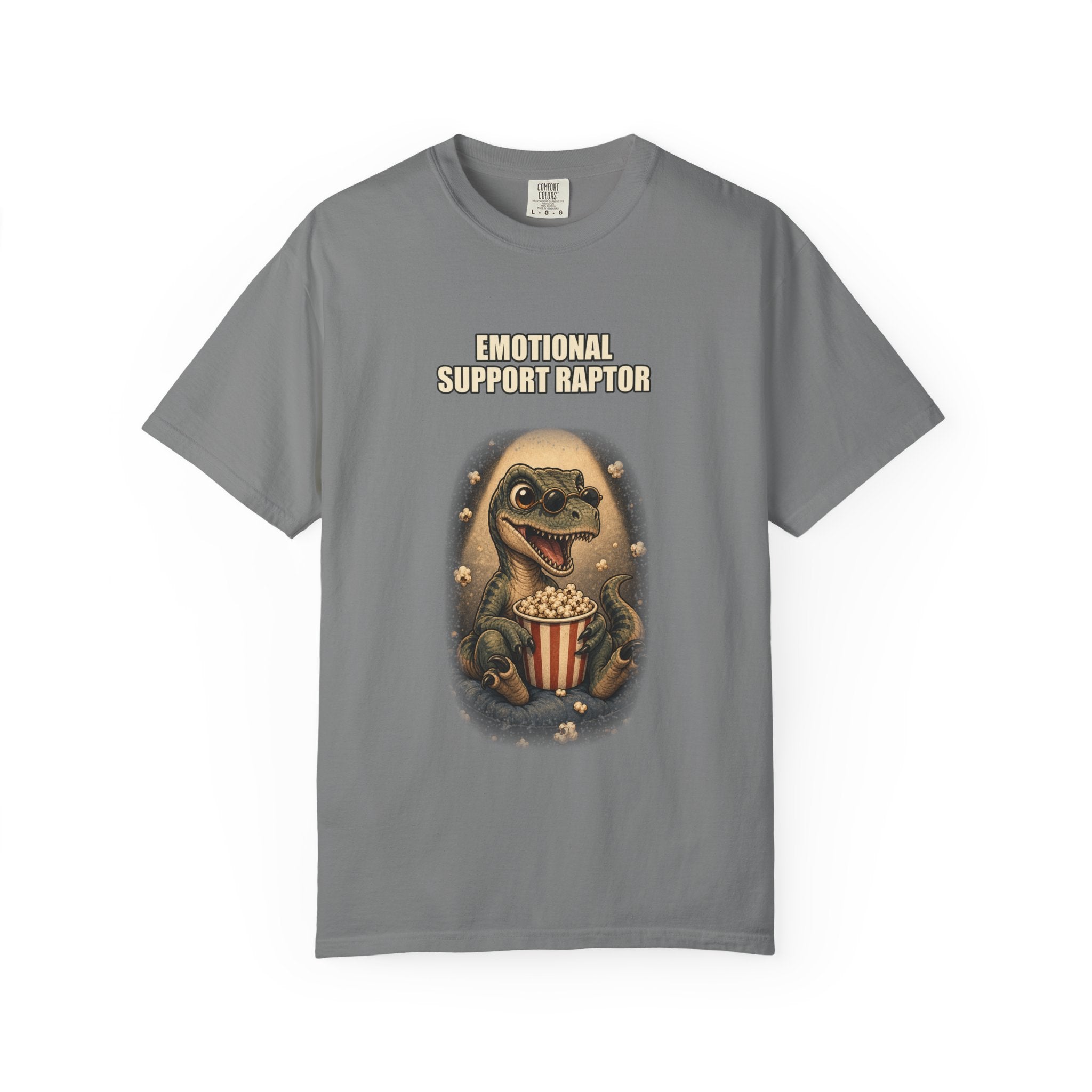 Emotional Support Raptor T-Shirt — Funny Dino Graphic Tee with Popcorn