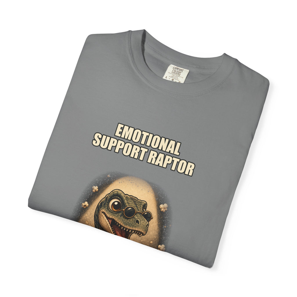 Emotional Support Raptor T-Shirt — Funny Dino Graphic Tee with Popcorn