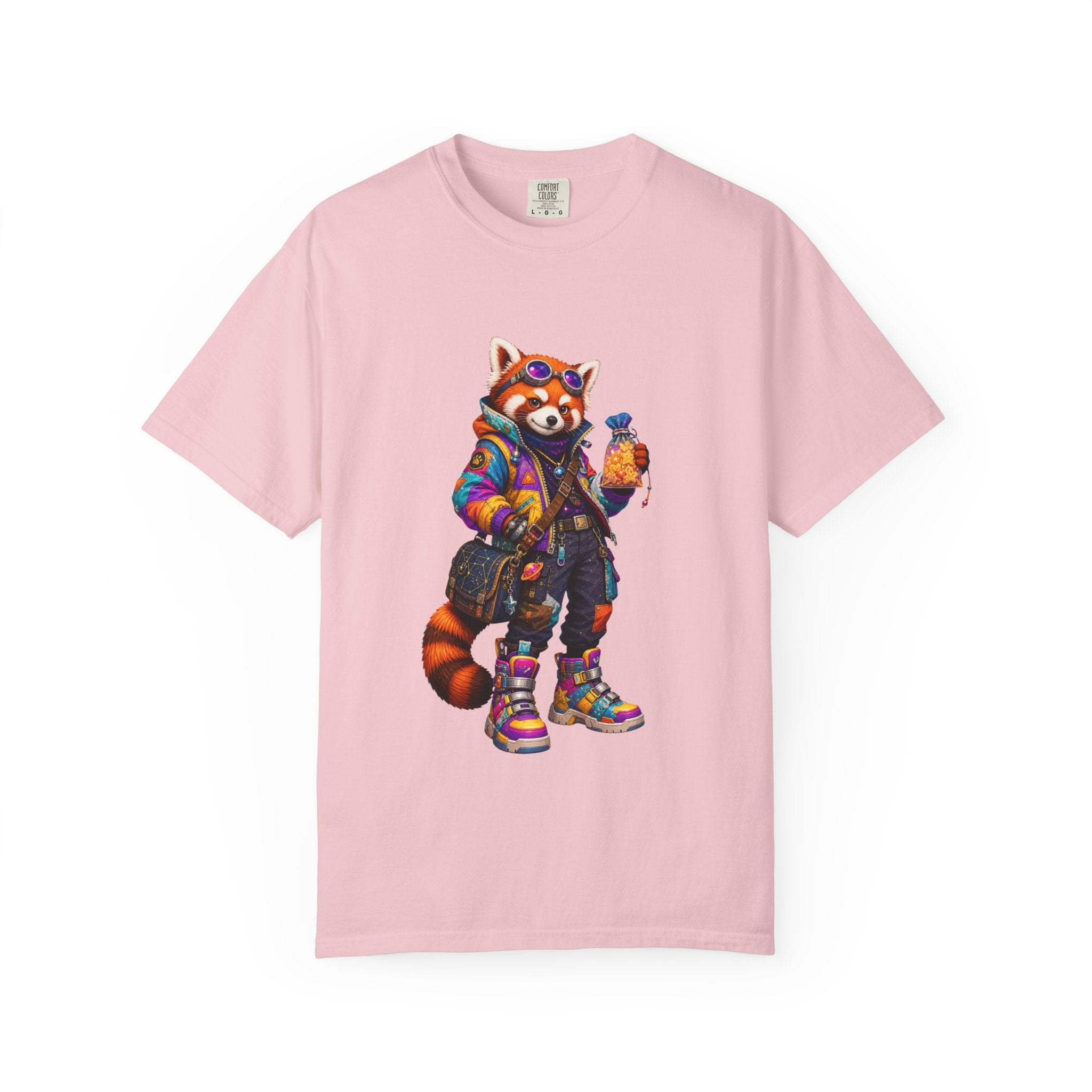 Streetwear Red Panda Graphic T-Shirt — Colorful Urban Fox with Bubble Tea