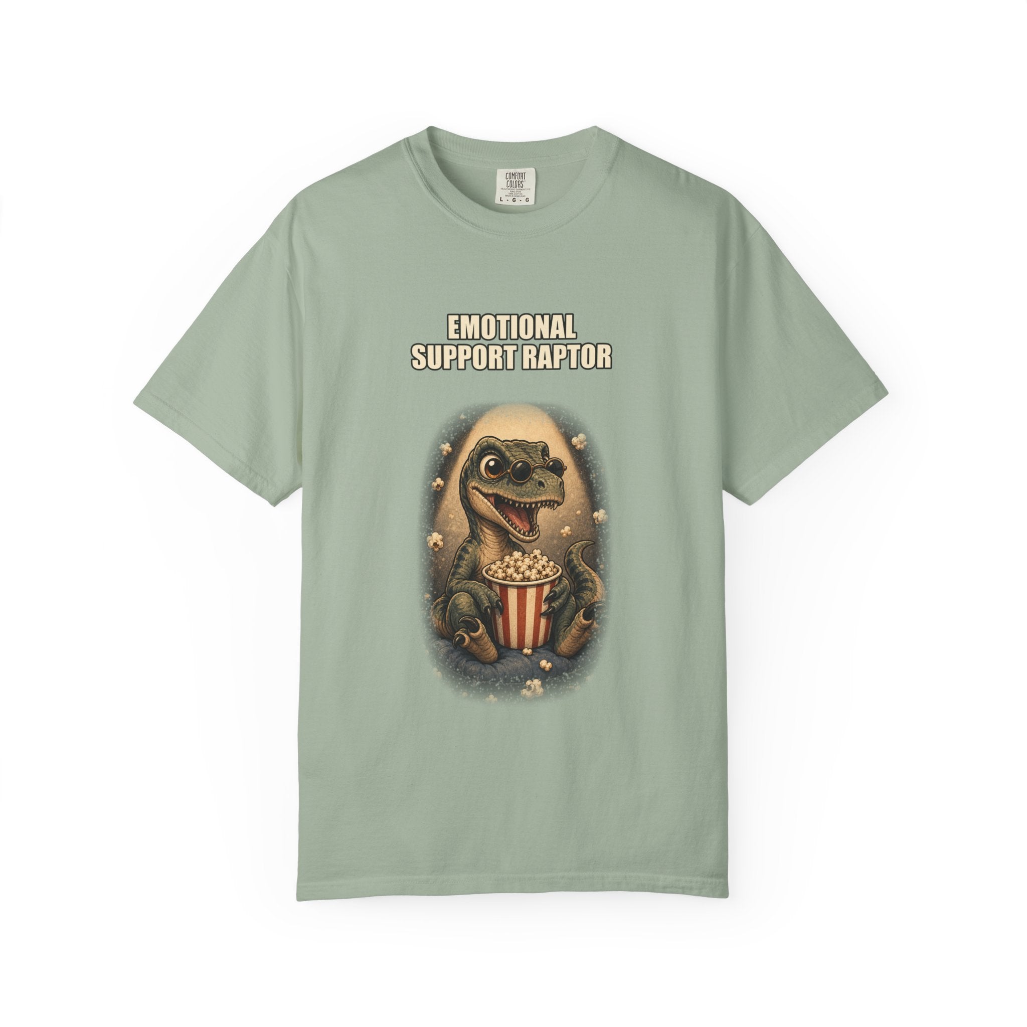 Emotional Support Raptor T-Shirt — Funny Dino Graphic Tee with Popcorn