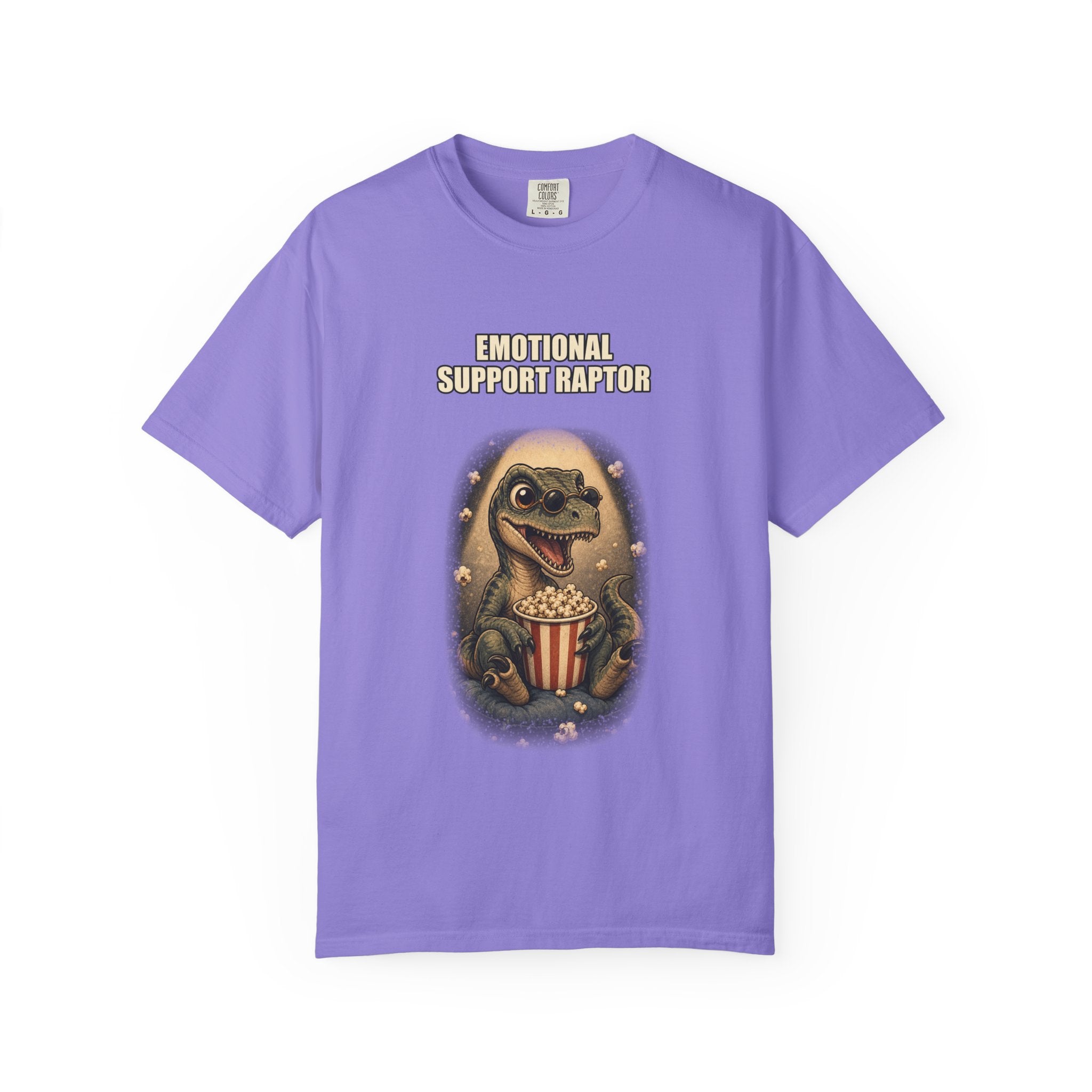 Emotional Support Raptor T-Shirt — Funny Dino Graphic Tee with Popcorn
