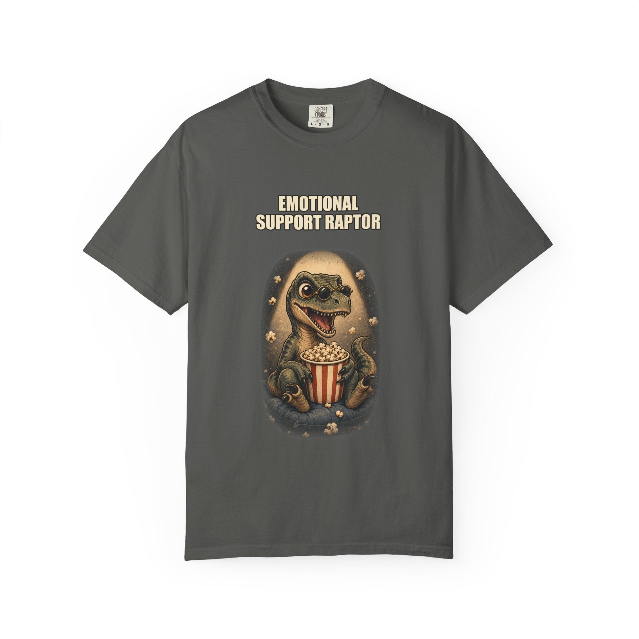 Emotional Support Raptor T-Shirt — Funny Dino Graphic Tee with Popcorn