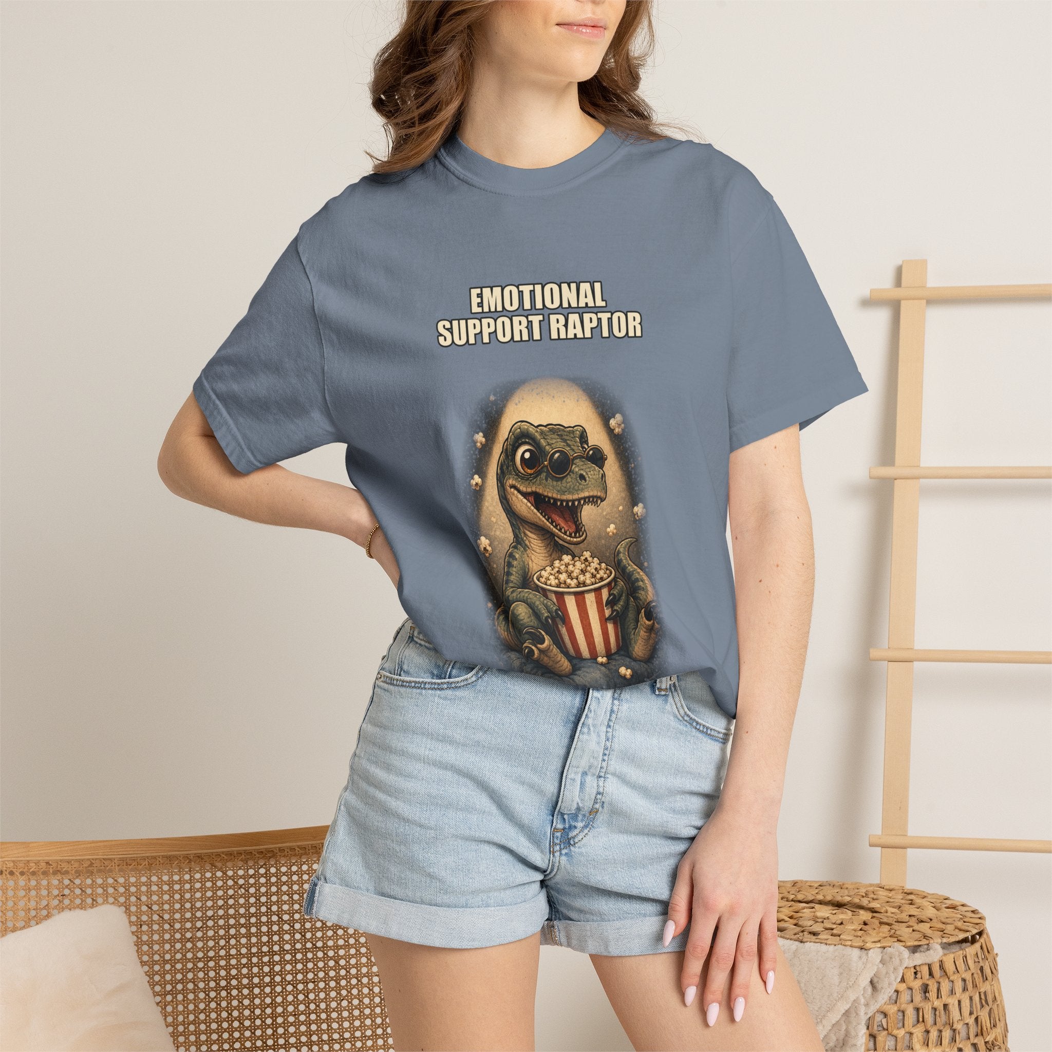 Emotional Support Raptor T-Shirt — Funny Dino Graphic Tee with Popcorn