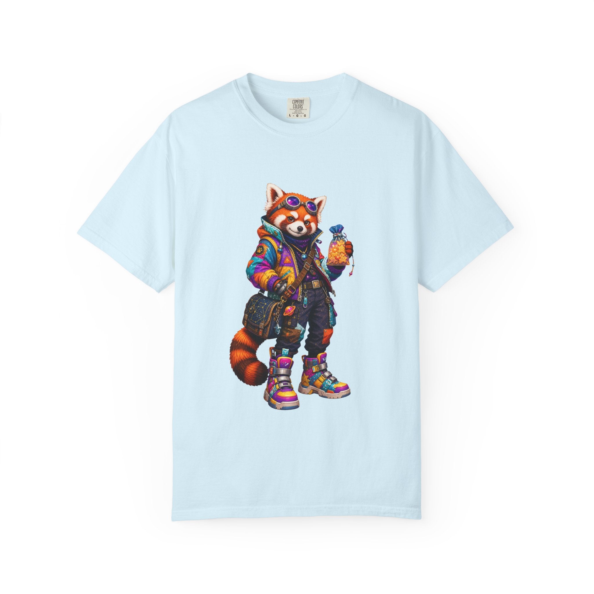 Streetwear Red Panda Graphic T-Shirt — Colorful Urban Fox with Bubble Tea