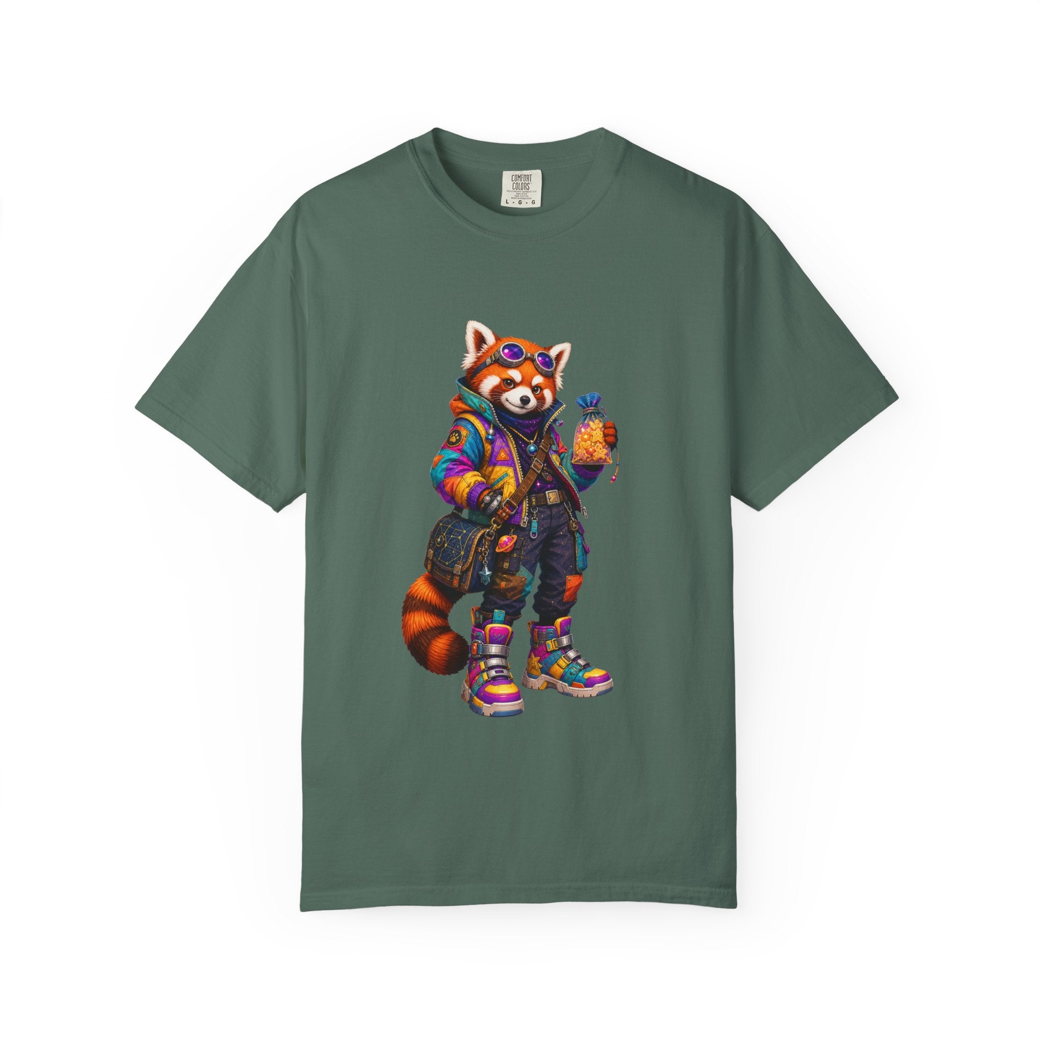 Streetwear Red Panda Graphic T-Shirt — Colorful Urban Fox with Bubble Tea