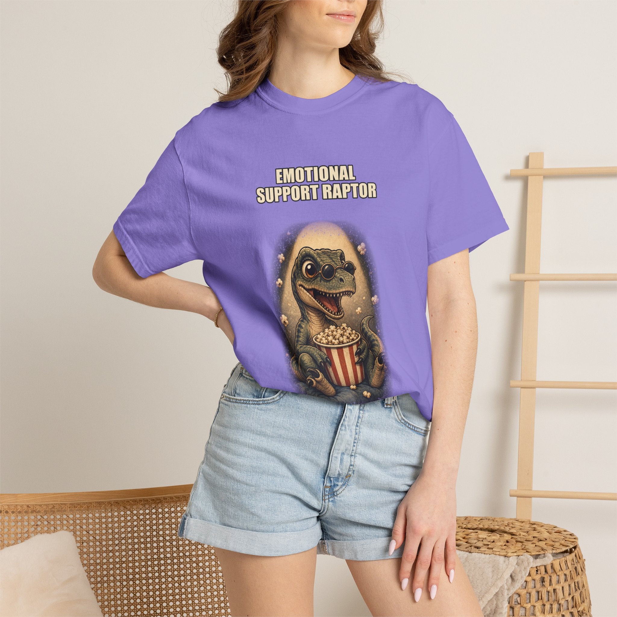 Emotional Support Raptor T-Shirt — Funny Dino Graphic Tee with Popcorn