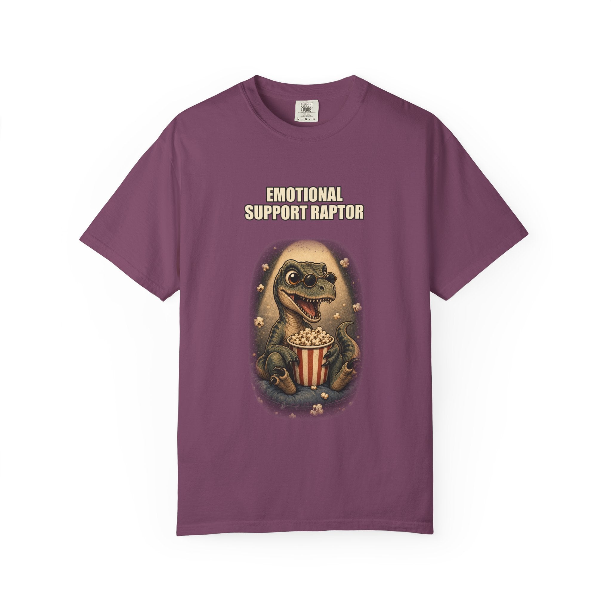 Emotional Support Raptor T-Shirt — Funny Dino Graphic Tee with Popcorn