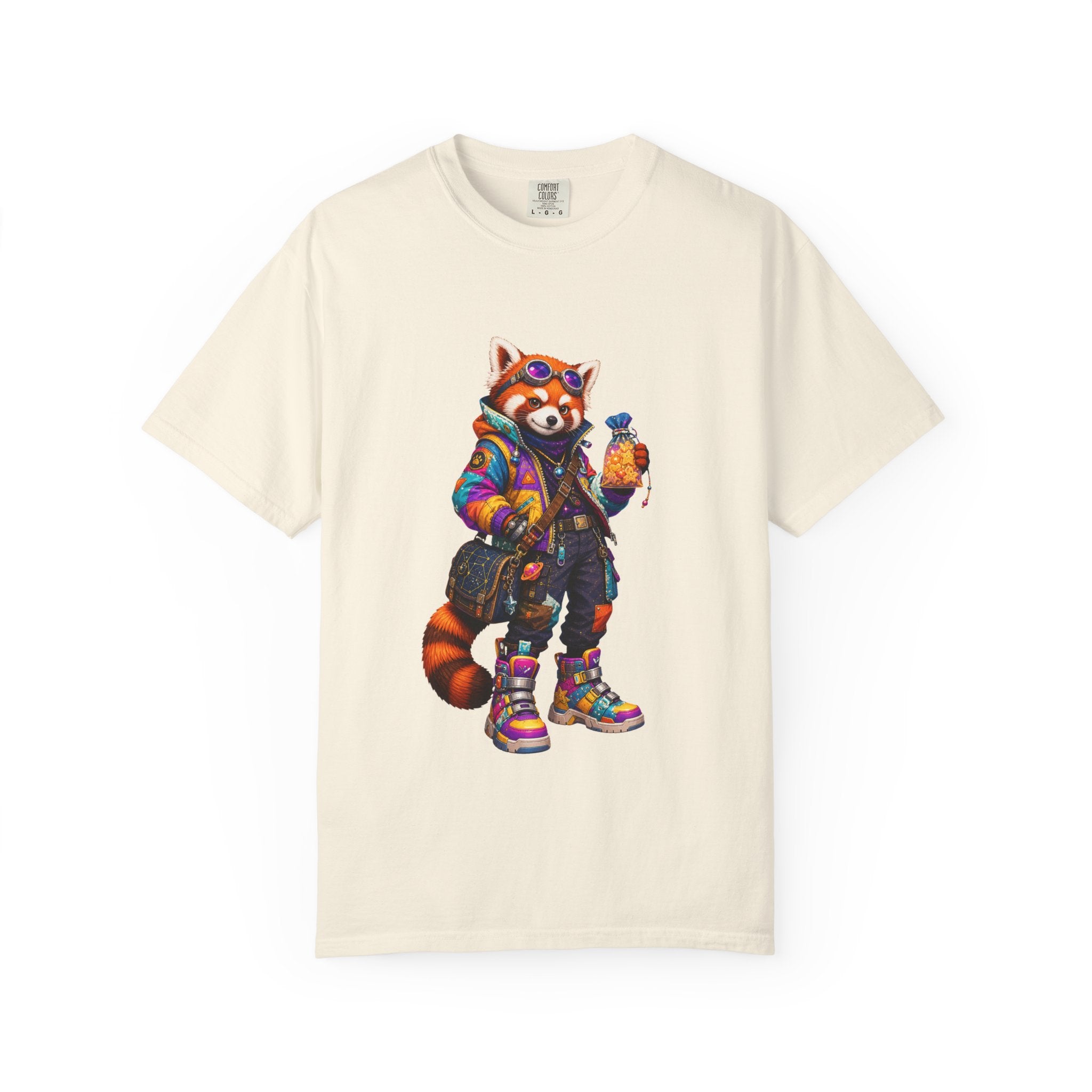 Streetwear Red Panda Graphic T-Shirt — Colorful Urban Fox with Bubble Tea