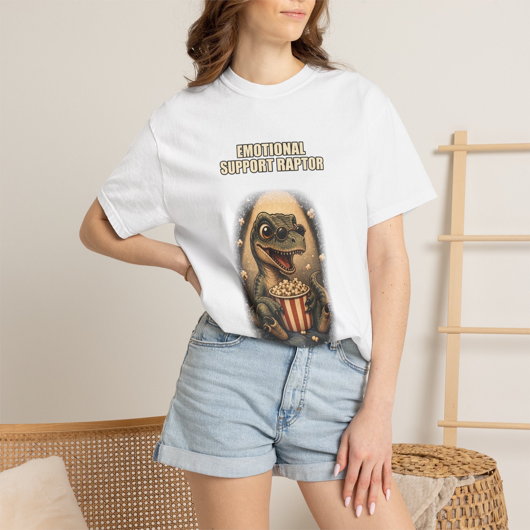 Emotional Support Raptor T-Shirt — Funny Dino Graphic Tee with Popcorn