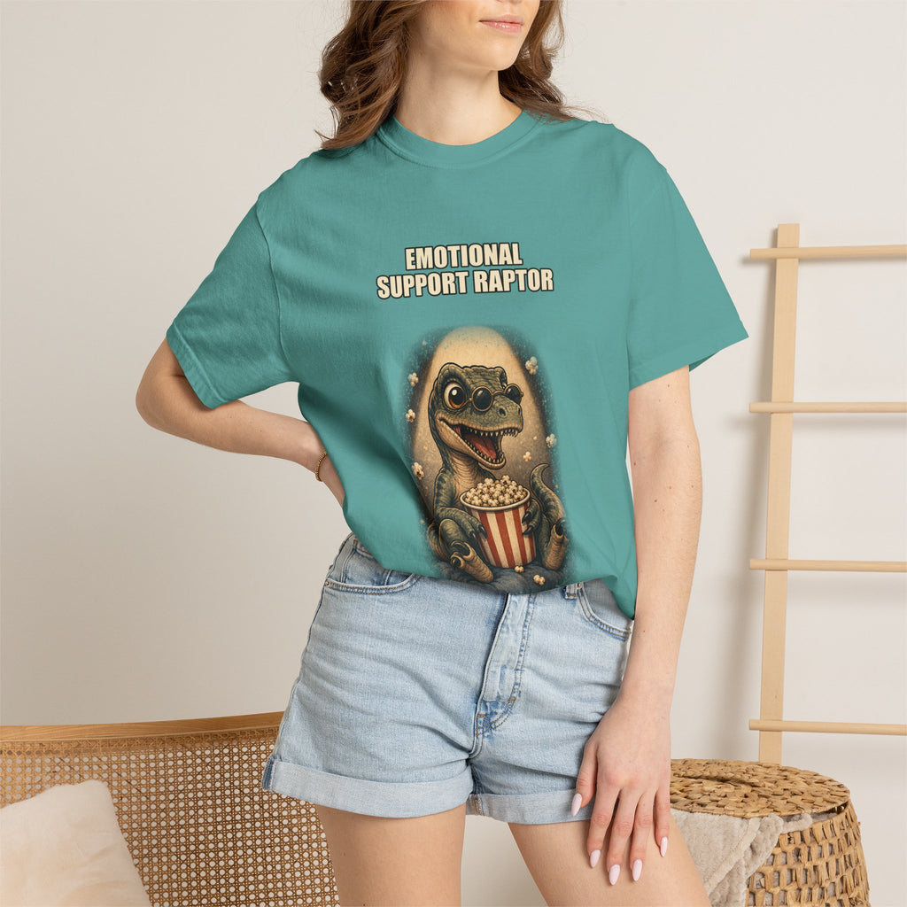 Emotional Support Raptor T-Shirt — Funny Dino Graphic Tee with Popcorn