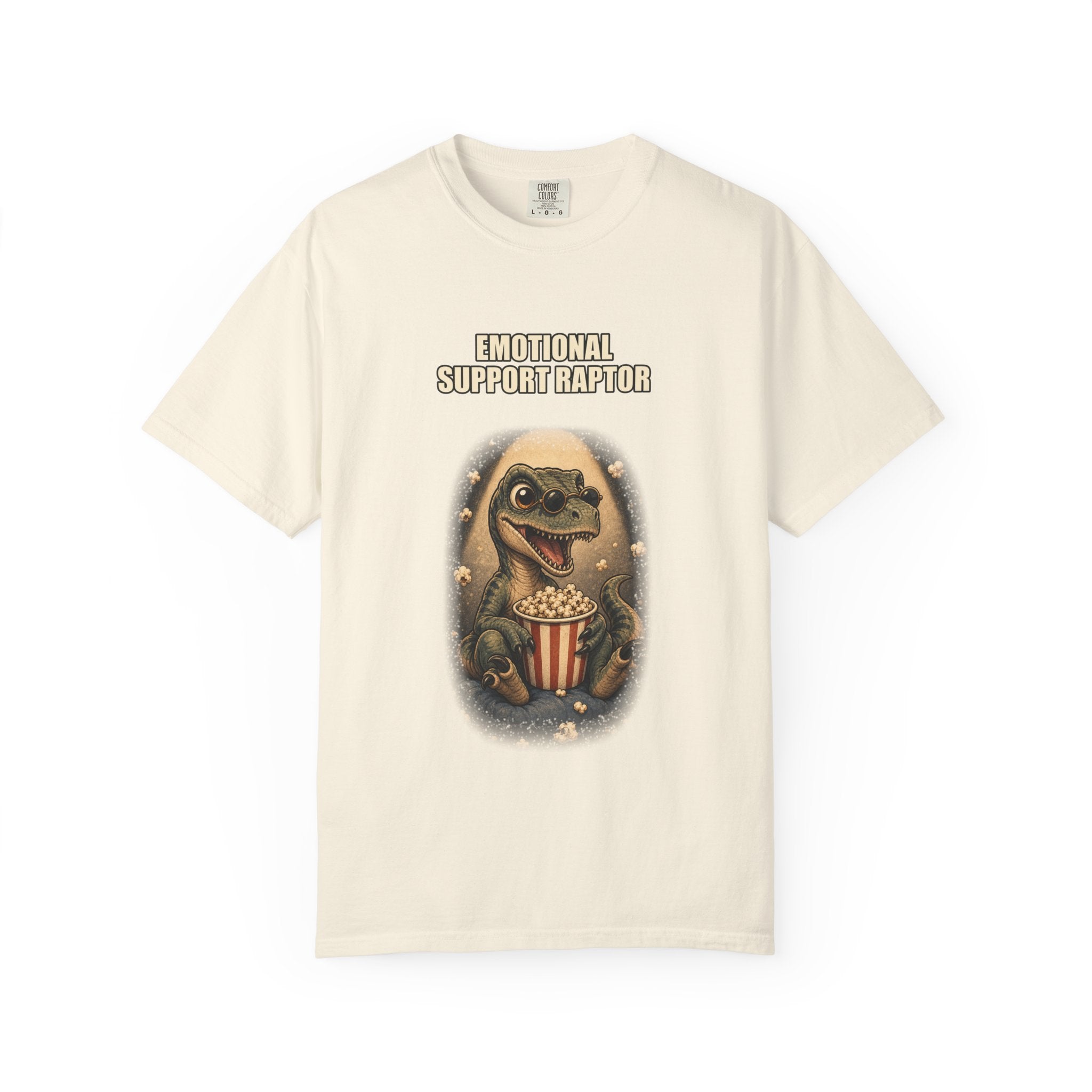 Emotional Support Raptor T-Shirt — Funny Dino Graphic Tee with Popcorn