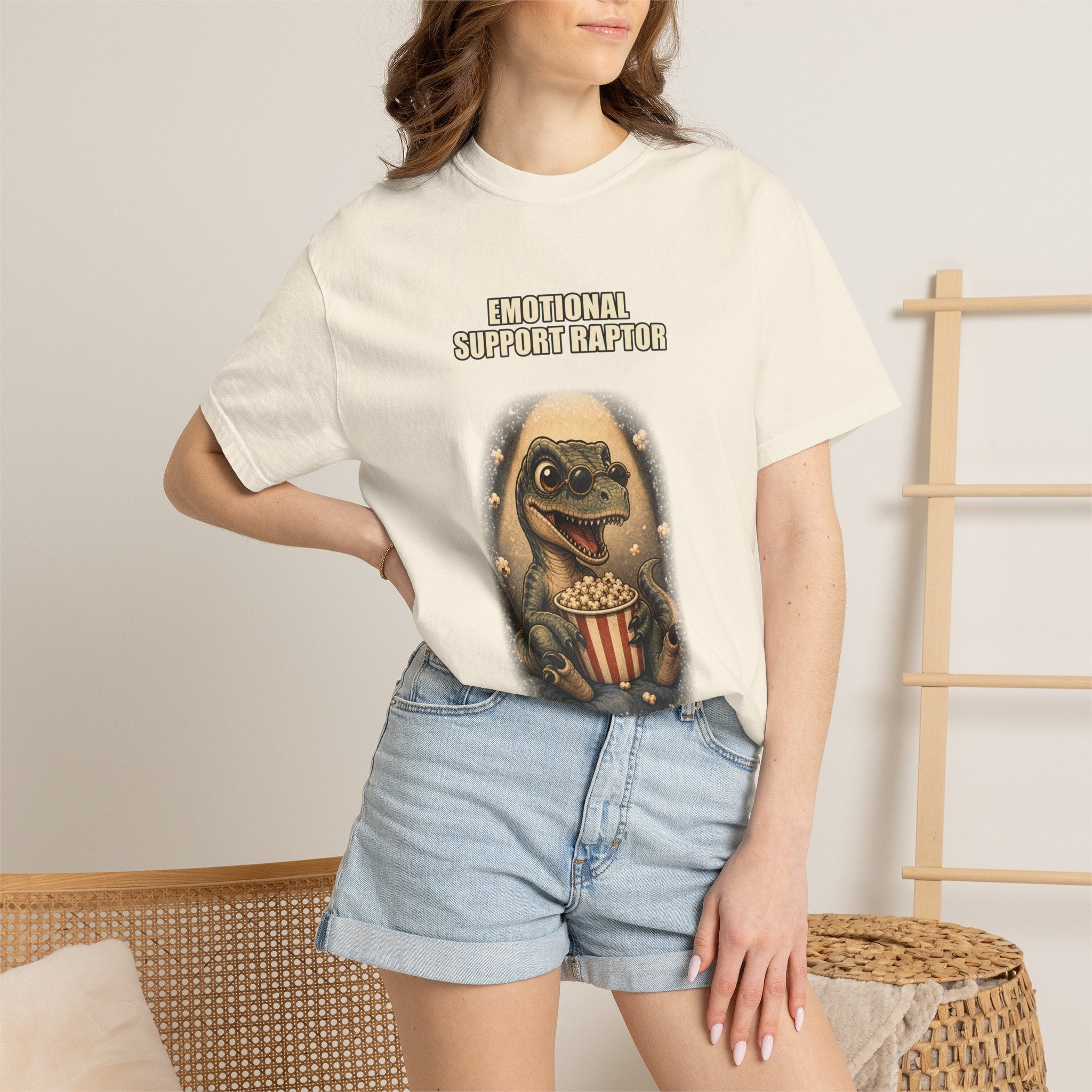 Emotional Support Raptor T-Shirt — Funny Dino Graphic Tee with Popcorn