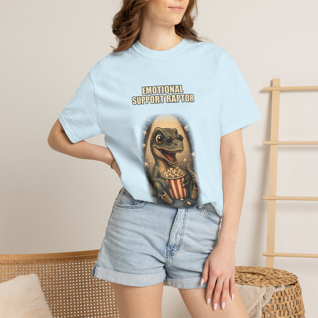 Emotional Support Raptor T-Shirt — Funny Dino Graphic Tee with Popcorn