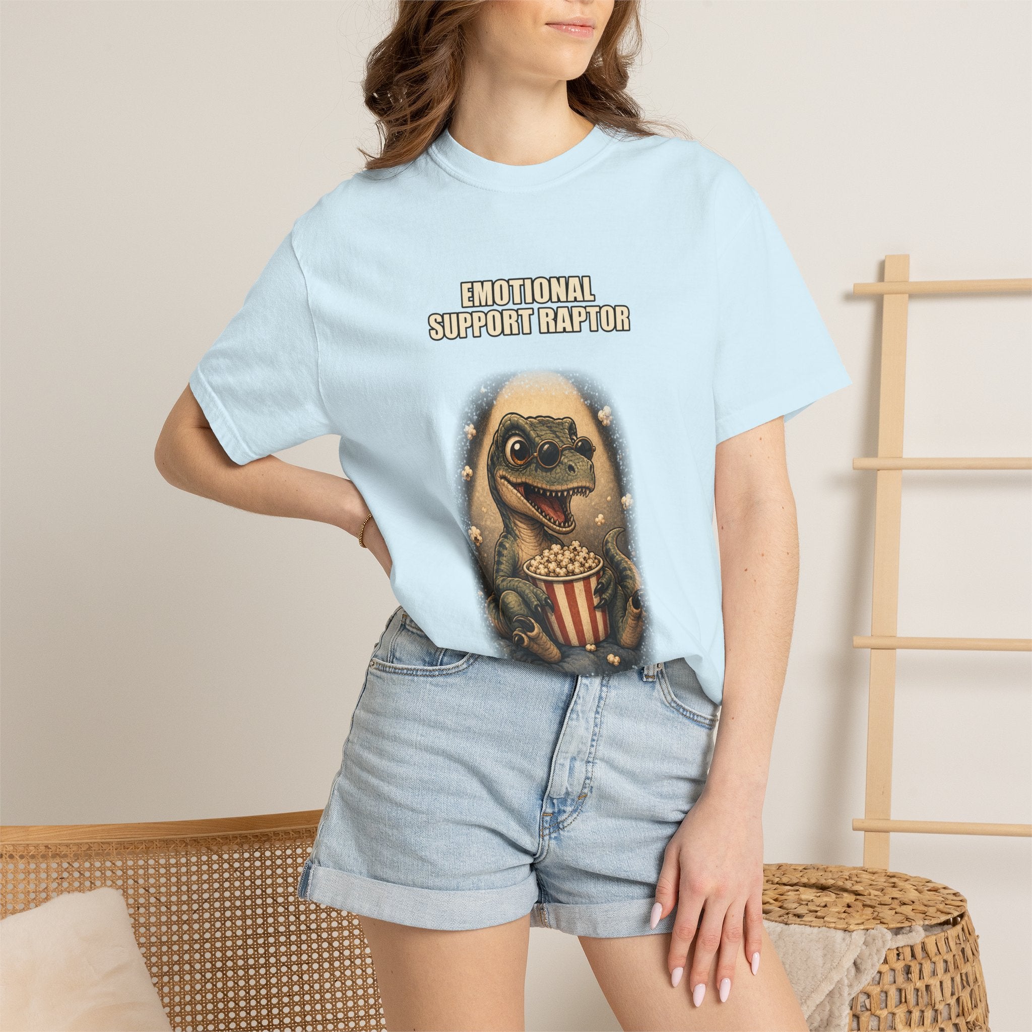 Emotional Support Raptor T-Shirt — Funny Dino Graphic Tee with Popcorn
