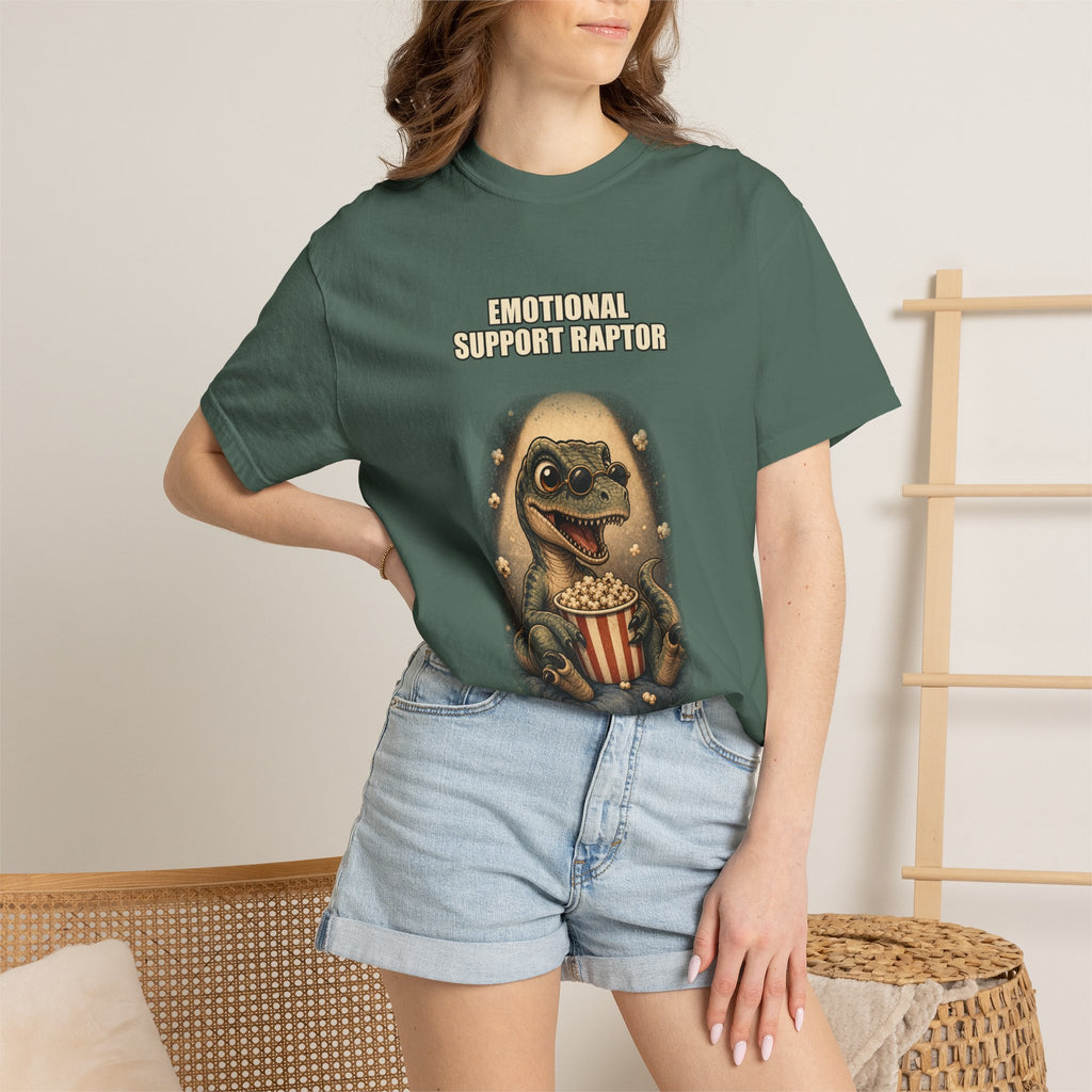 Emotional Support Raptor T-Shirt — Funny Dino Graphic Tee with Popcorn