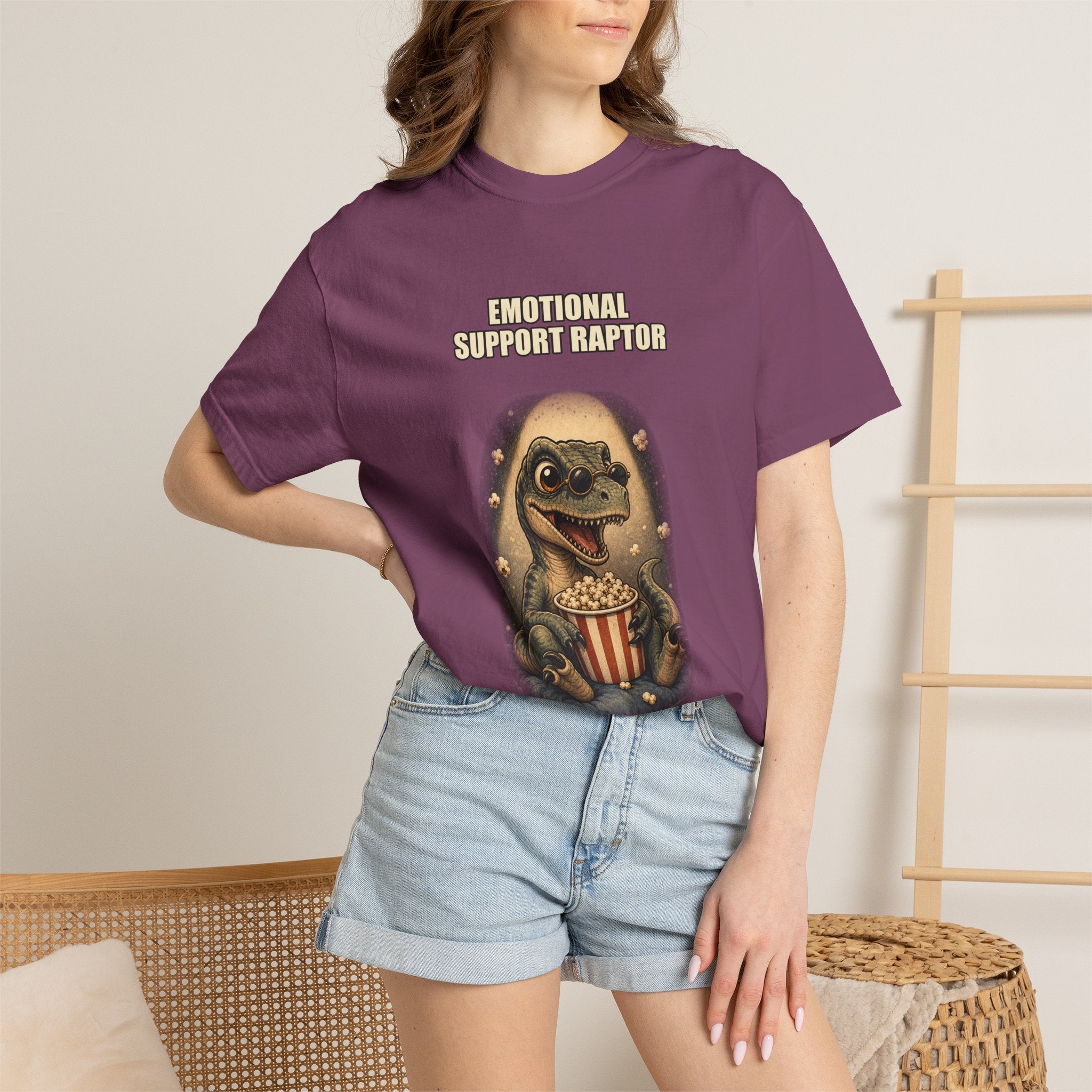 Emotional Support Raptor T-Shirt — Funny Dino Graphic Tee with Popcorn
