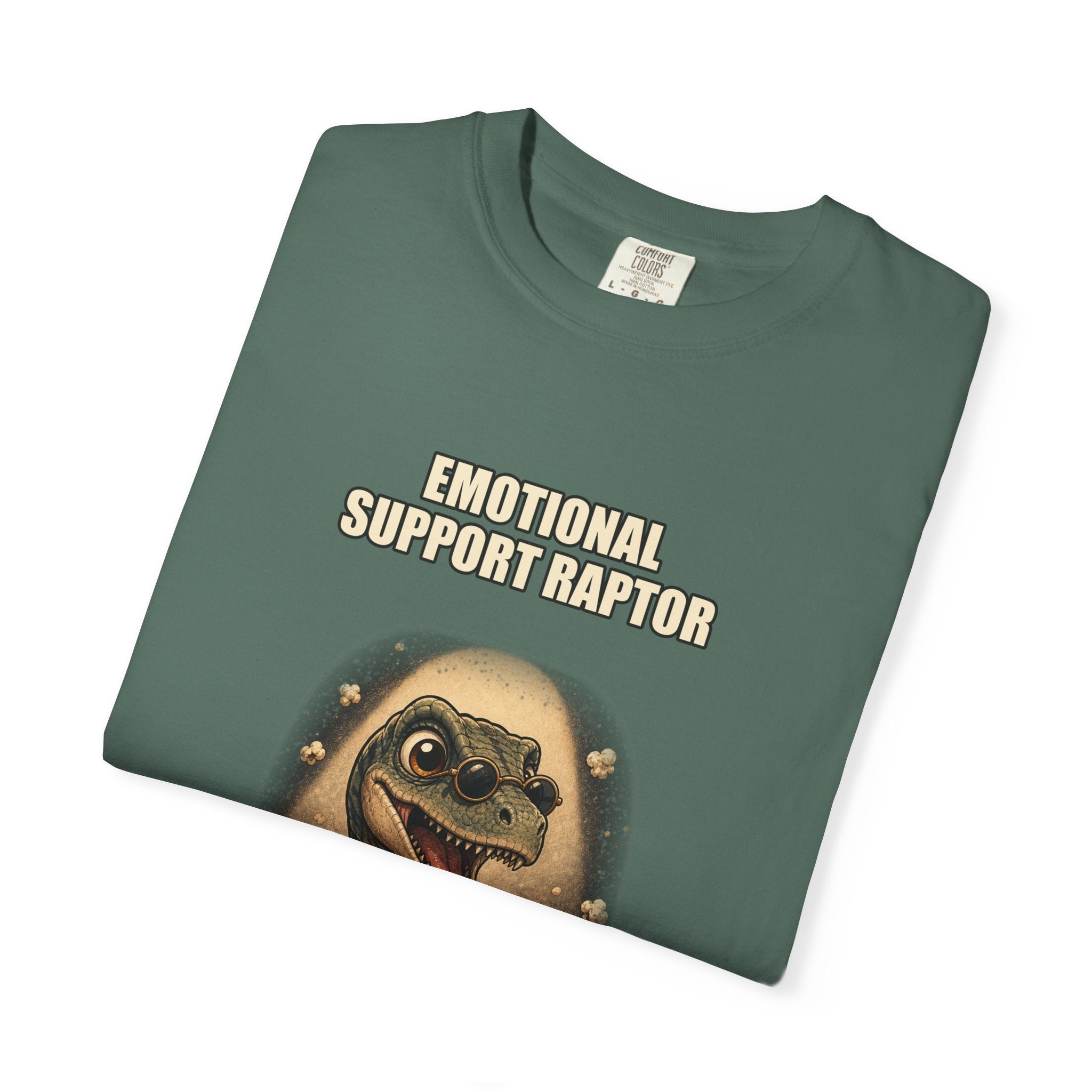 Emotional Support Raptor T-Shirt — Funny Dino Graphic Tee with Popcorn