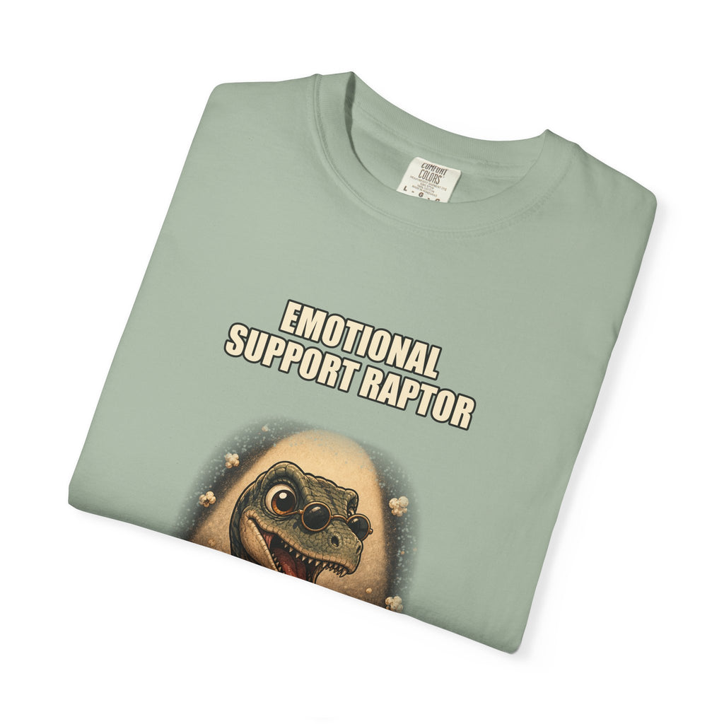 Emotional Support Raptor T-Shirt — Funny Dino Graphic Tee with Popcorn