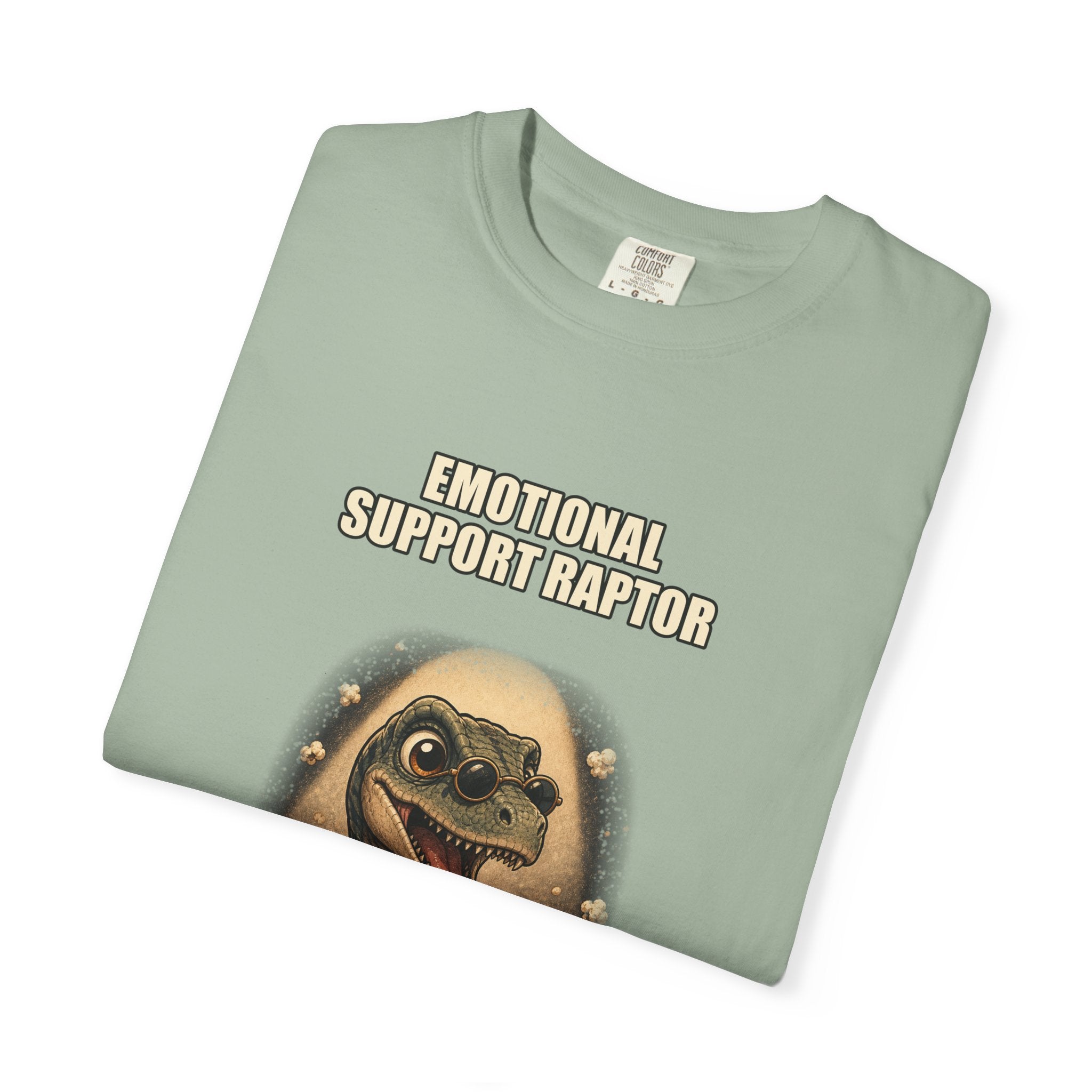 Emotional Support Raptor T-Shirt — Funny Dino Graphic Tee with Popcorn