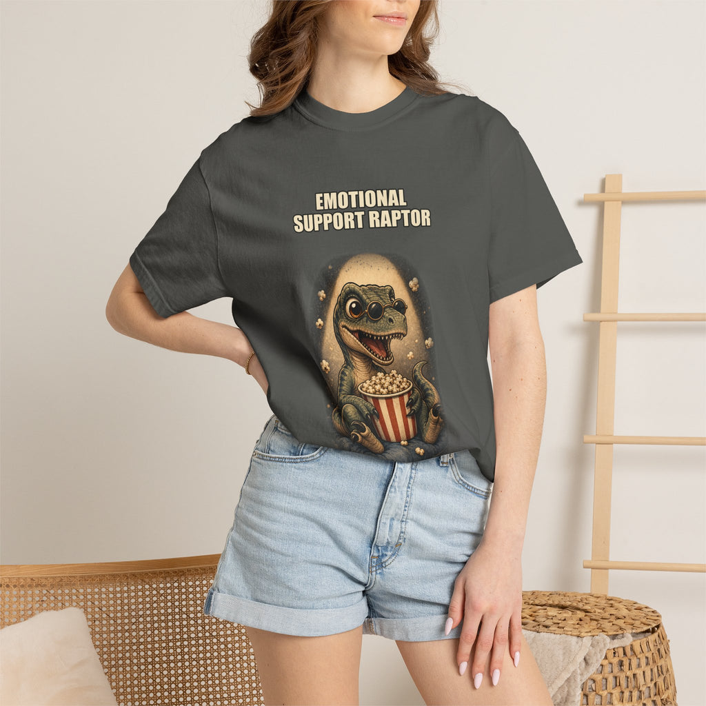 Emotional Support Raptor T-Shirt — Funny Dino Graphic Tee with Popcorn