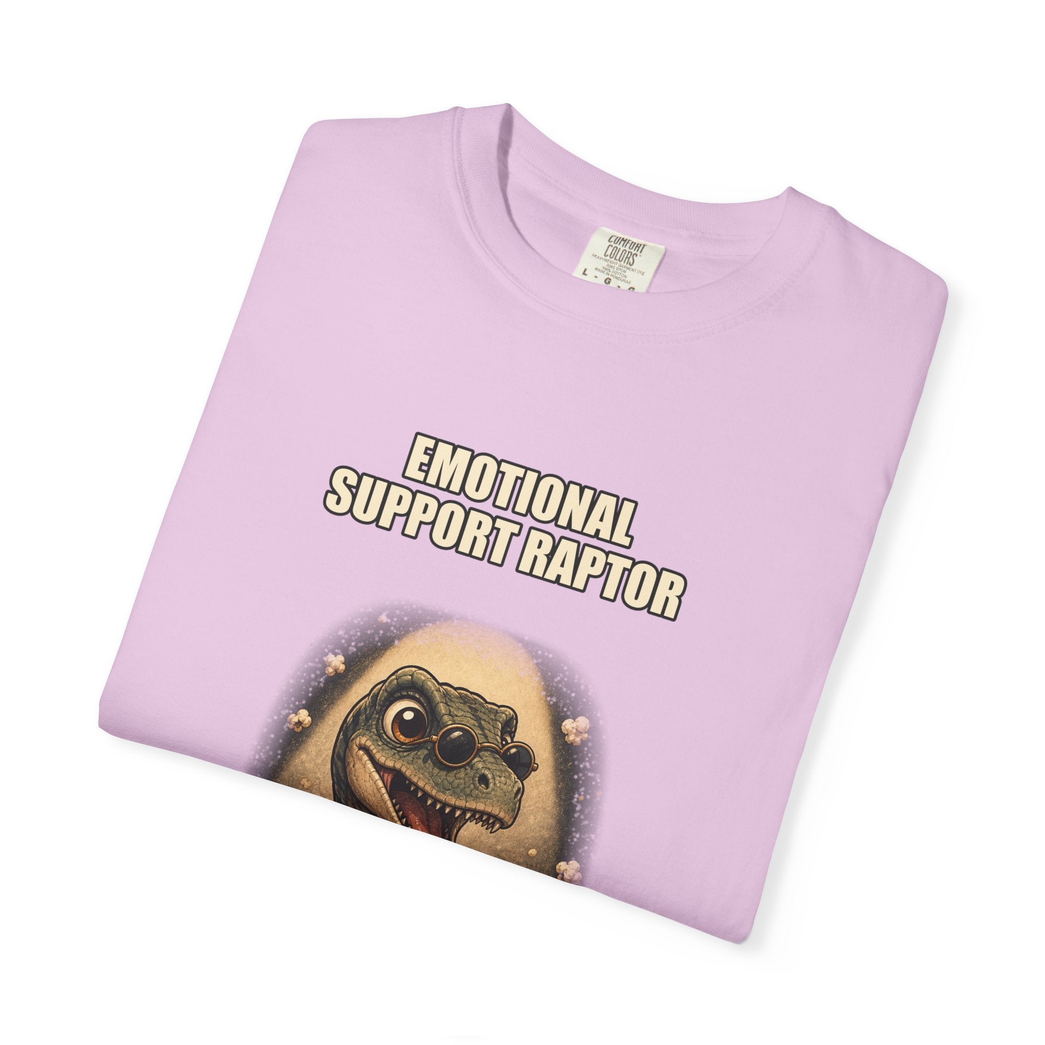 Emotional Support Raptor T-Shirt — Funny Dino Graphic Tee with Popcorn