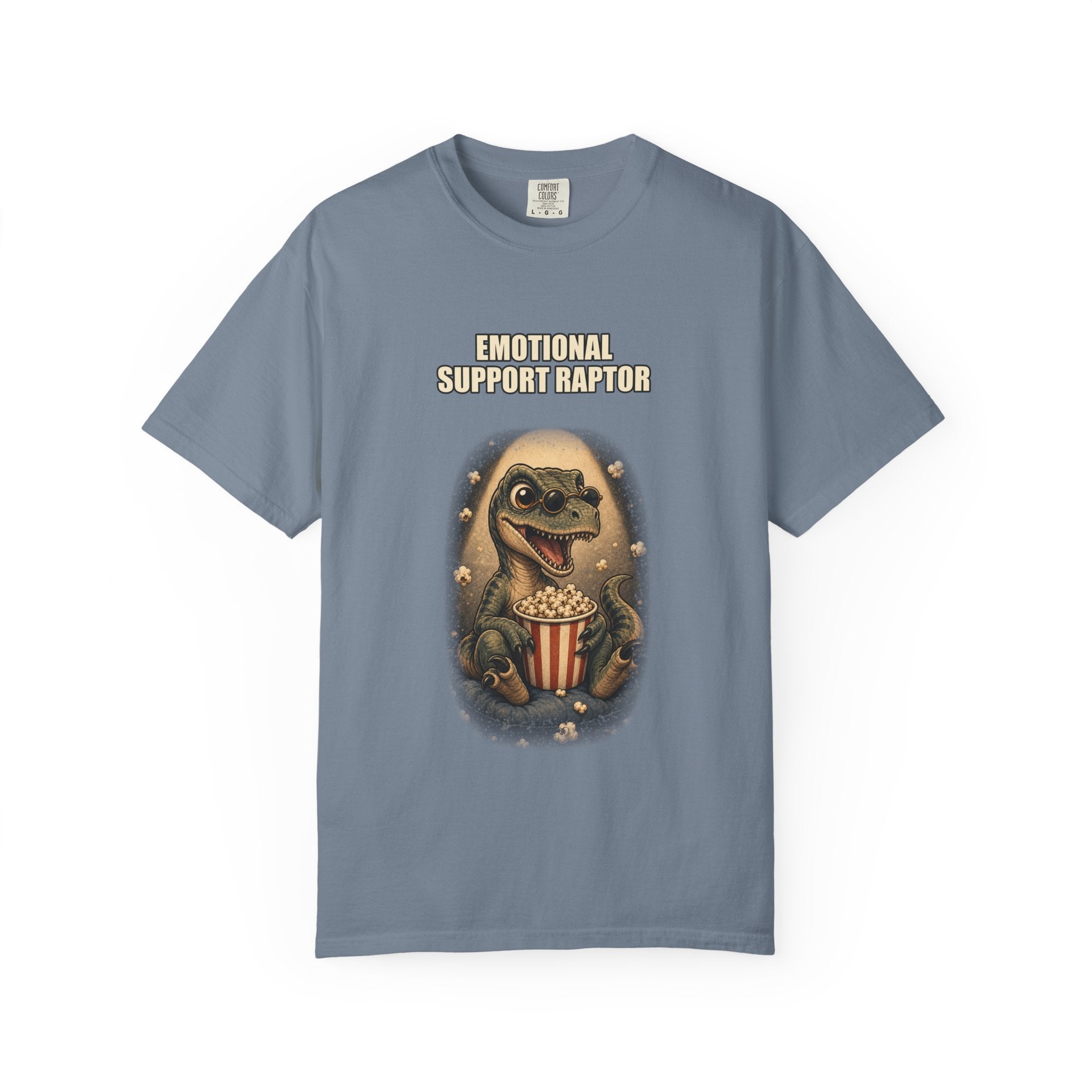 Emotional Support Raptor T-Shirt — Funny Dino Graphic Tee with Popcorn