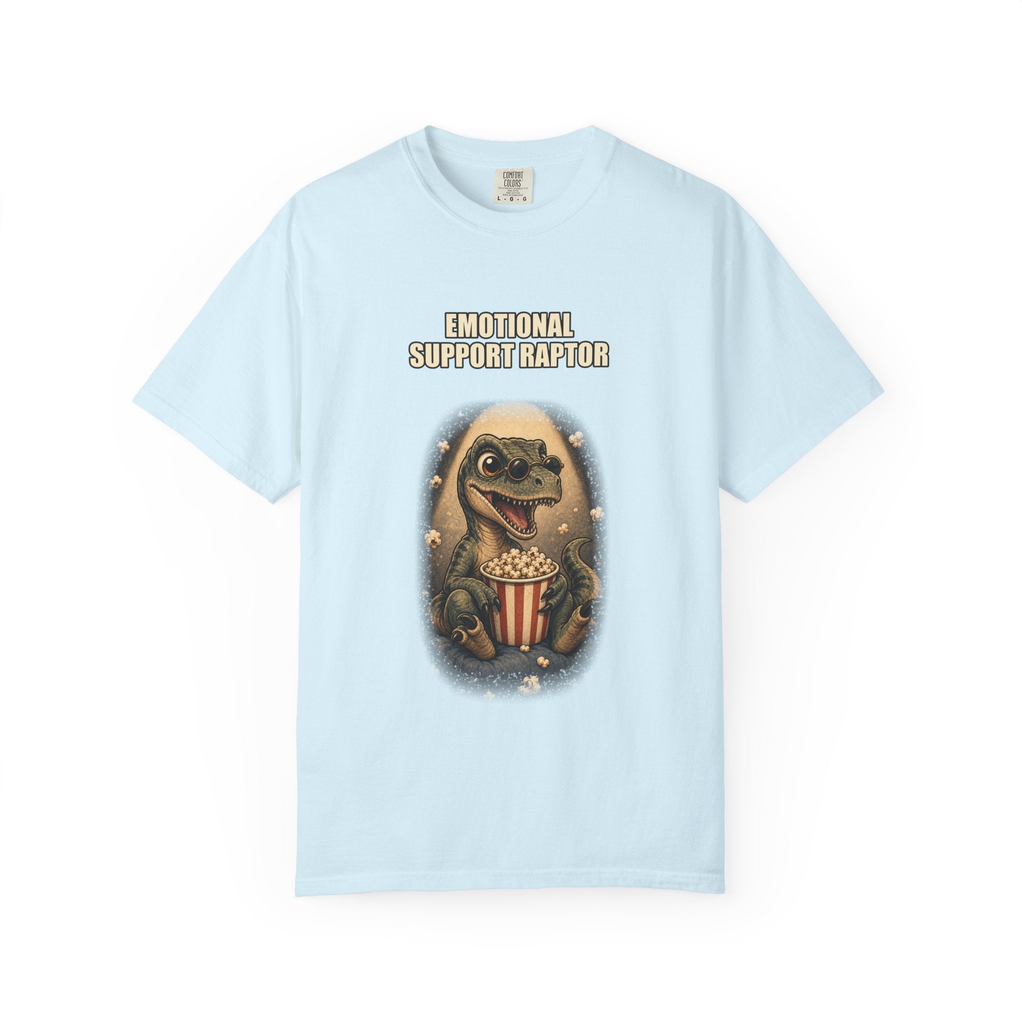 Emotional Support Raptor T-Shirt — Funny Dino Graphic Tee with Popcorn