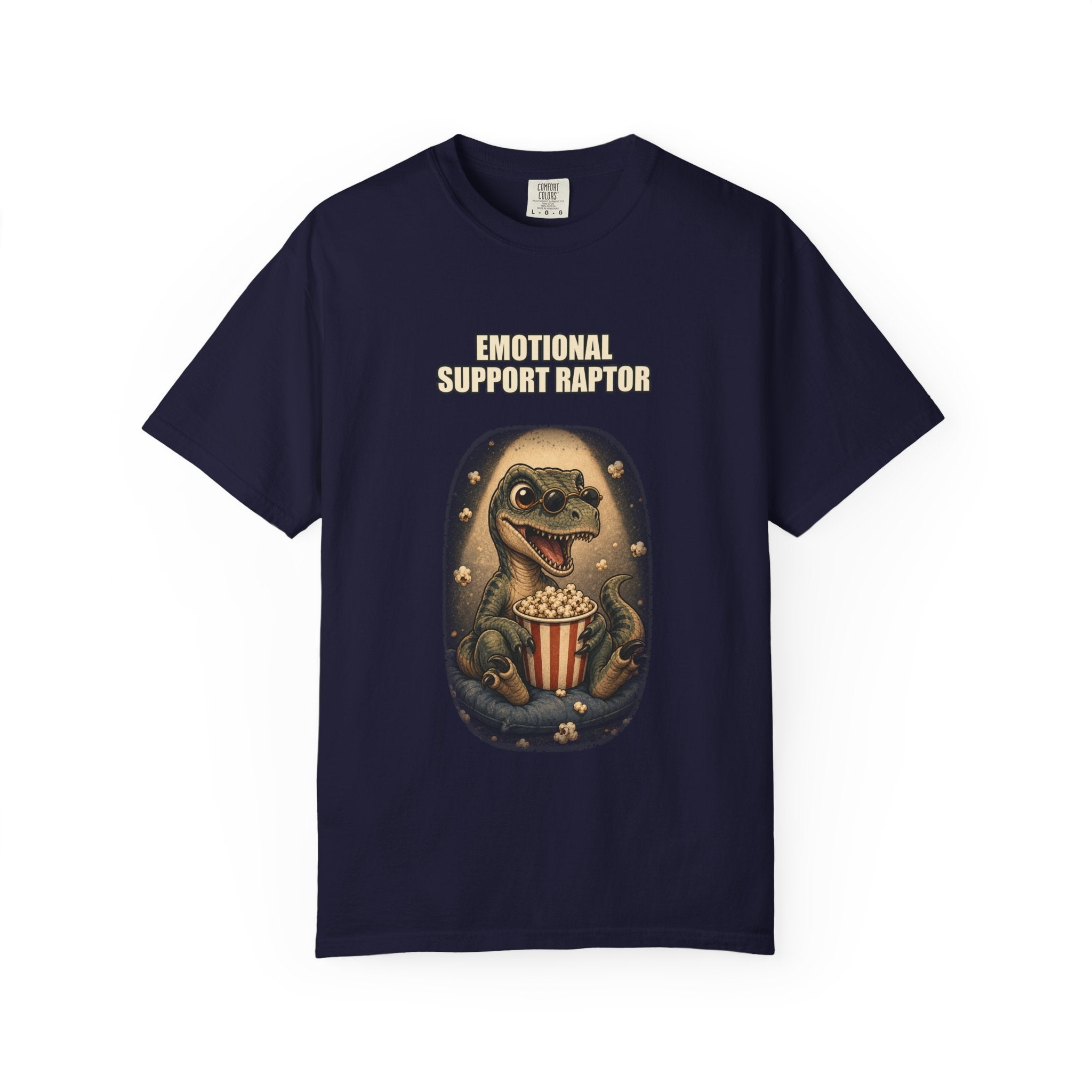 Emotional Support Raptor T-Shirt — Funny Dino Graphic Tee with Popcorn