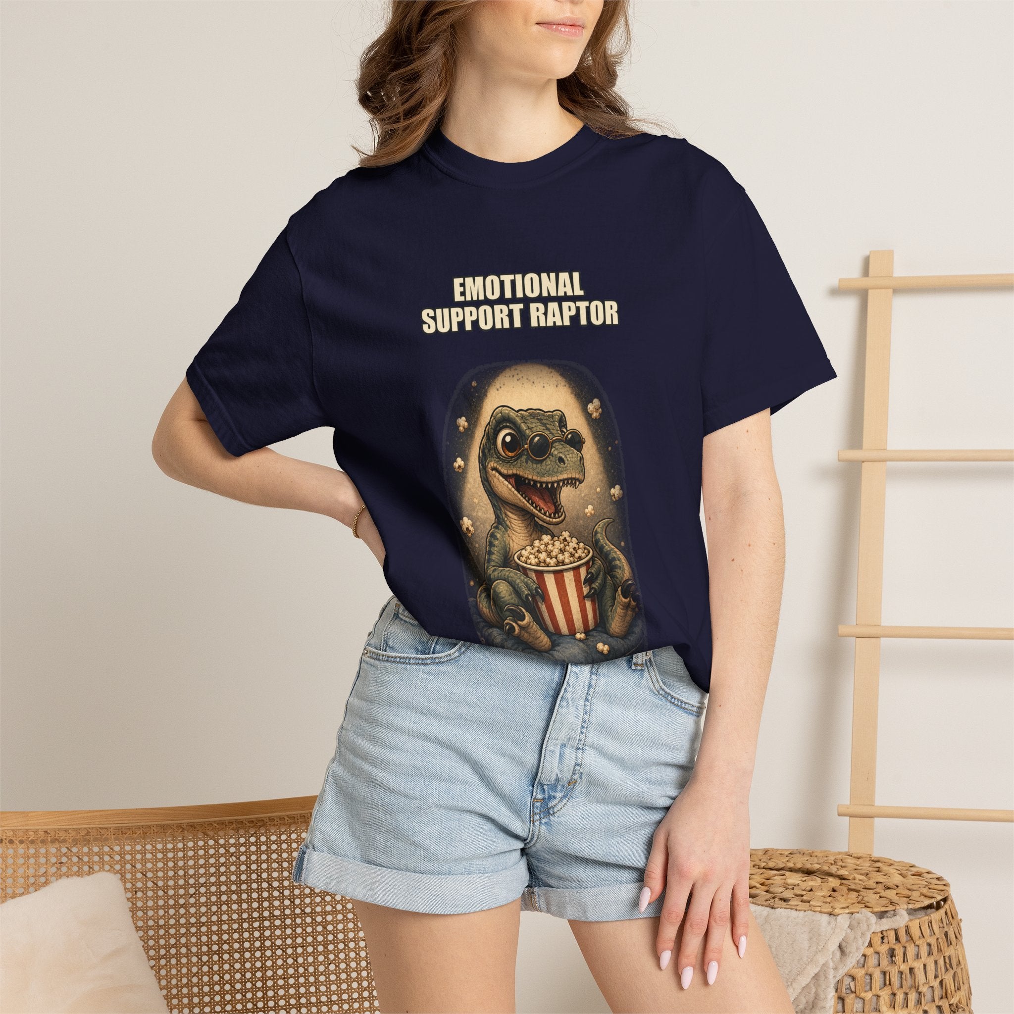 Emotional Support Raptor T-Shirt — Funny Dino Graphic Tee with Popcorn