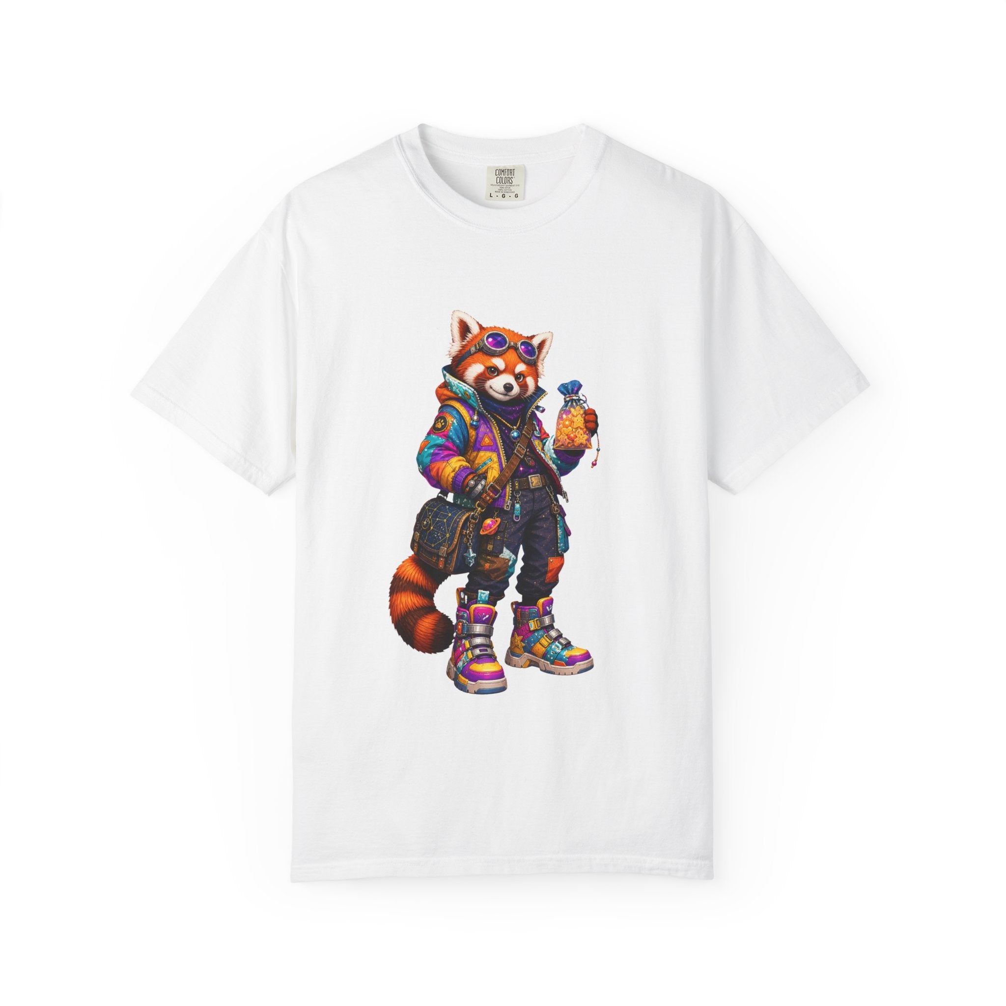 Streetwear Red Panda Graphic T-Shirt — Colorful Urban Fox with Bubble Tea