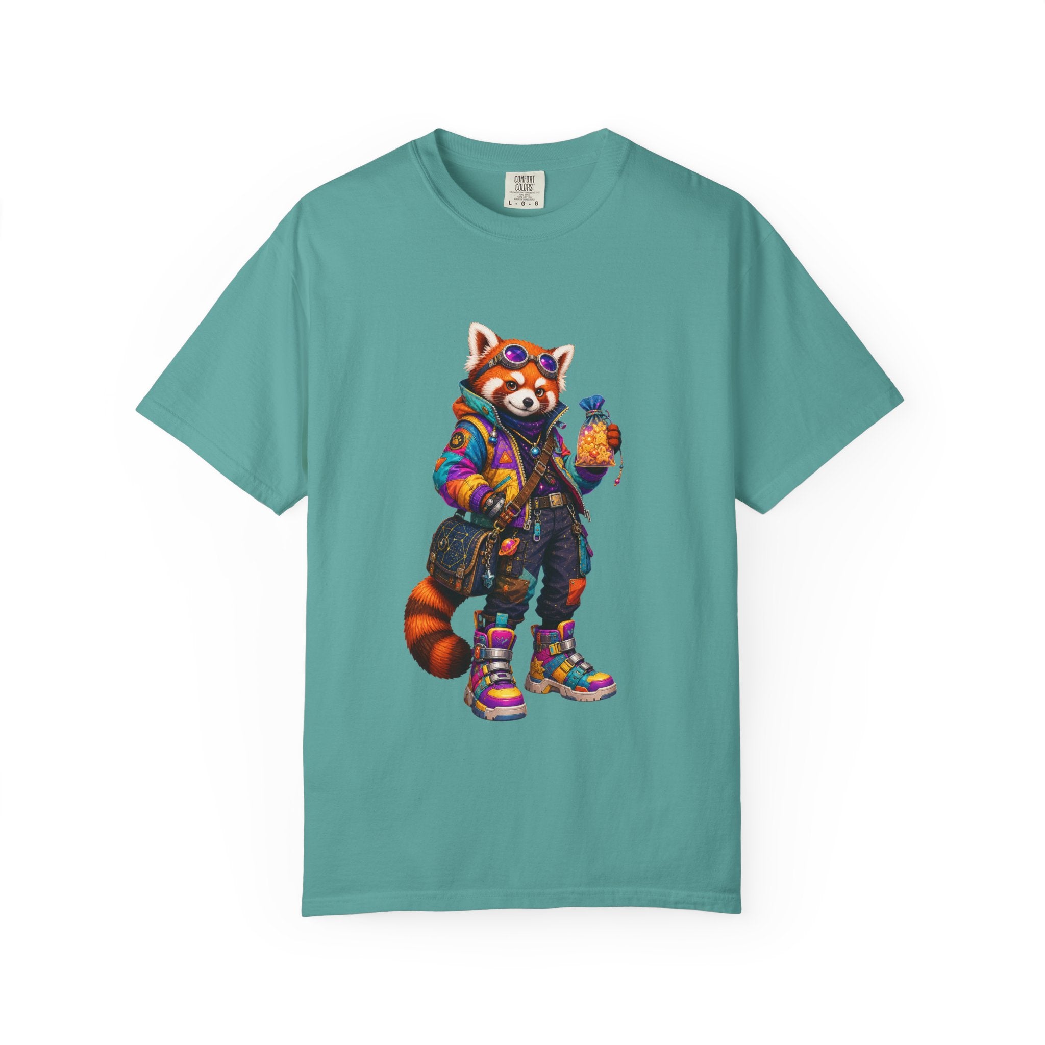 Streetwear Red Panda Graphic T-Shirt — Colorful Urban Fox with Bubble Tea