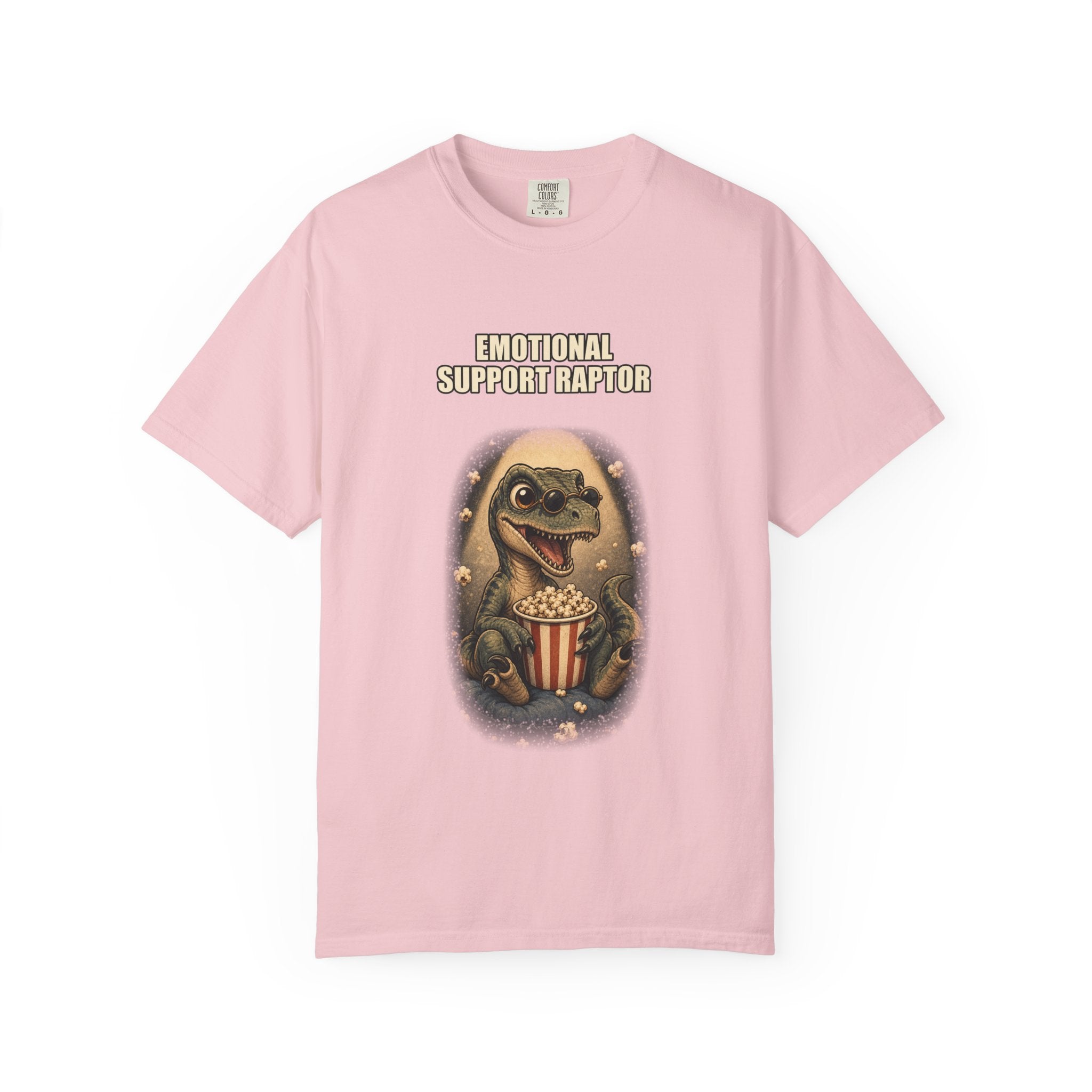 Emotional Support Raptor T-Shirt — Funny Dino Graphic Tee with Popcorn