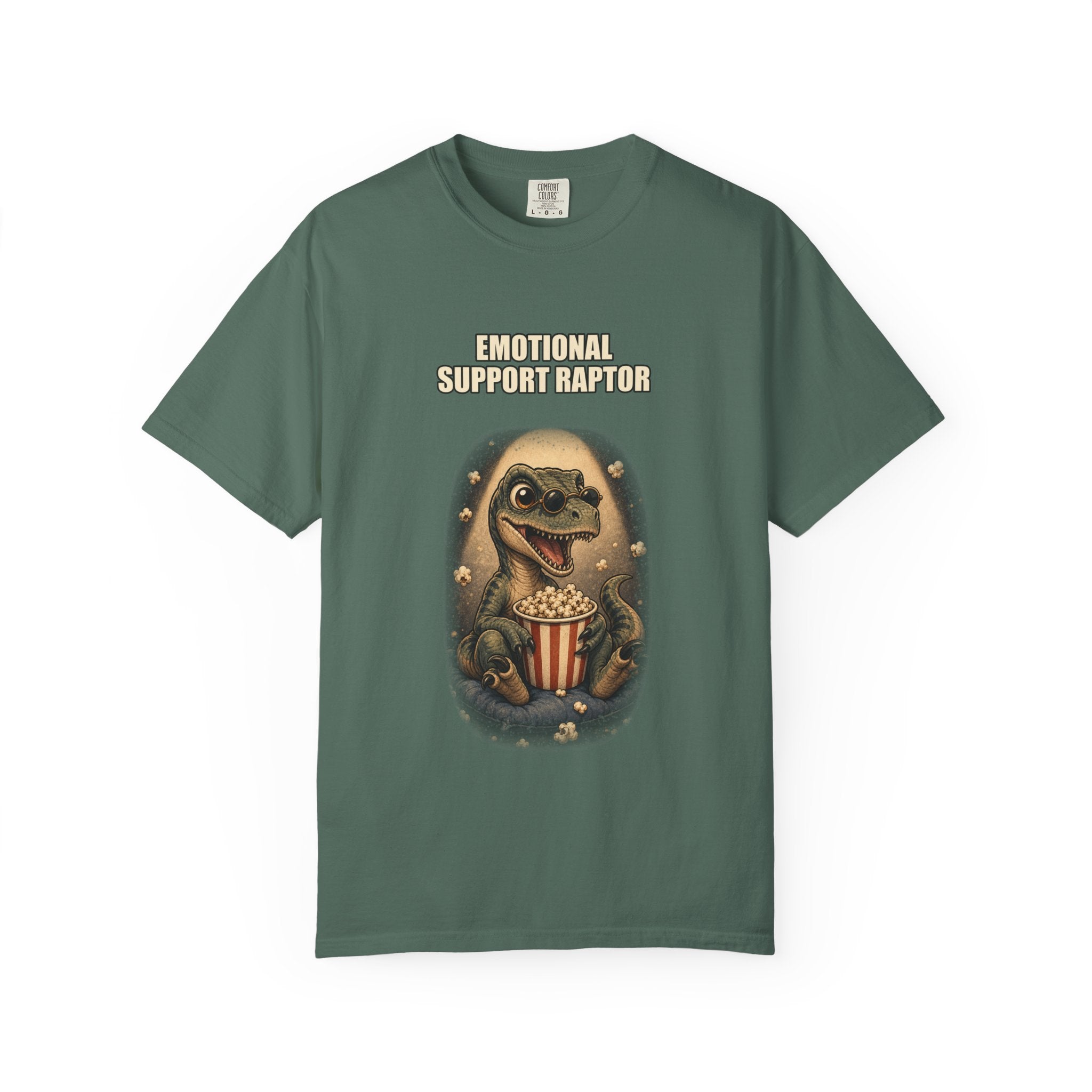 Emotional Support Raptor T-Shirt — Funny Dino Graphic Tee with Popcorn