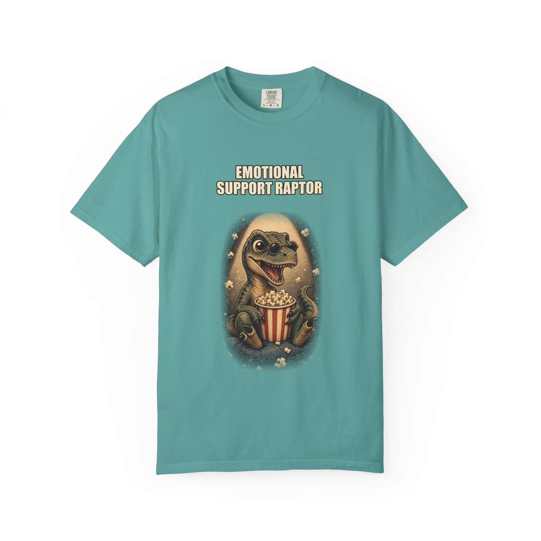 Emotional Support Raptor T-Shirt — Funny Dino Graphic Tee with Popcorn