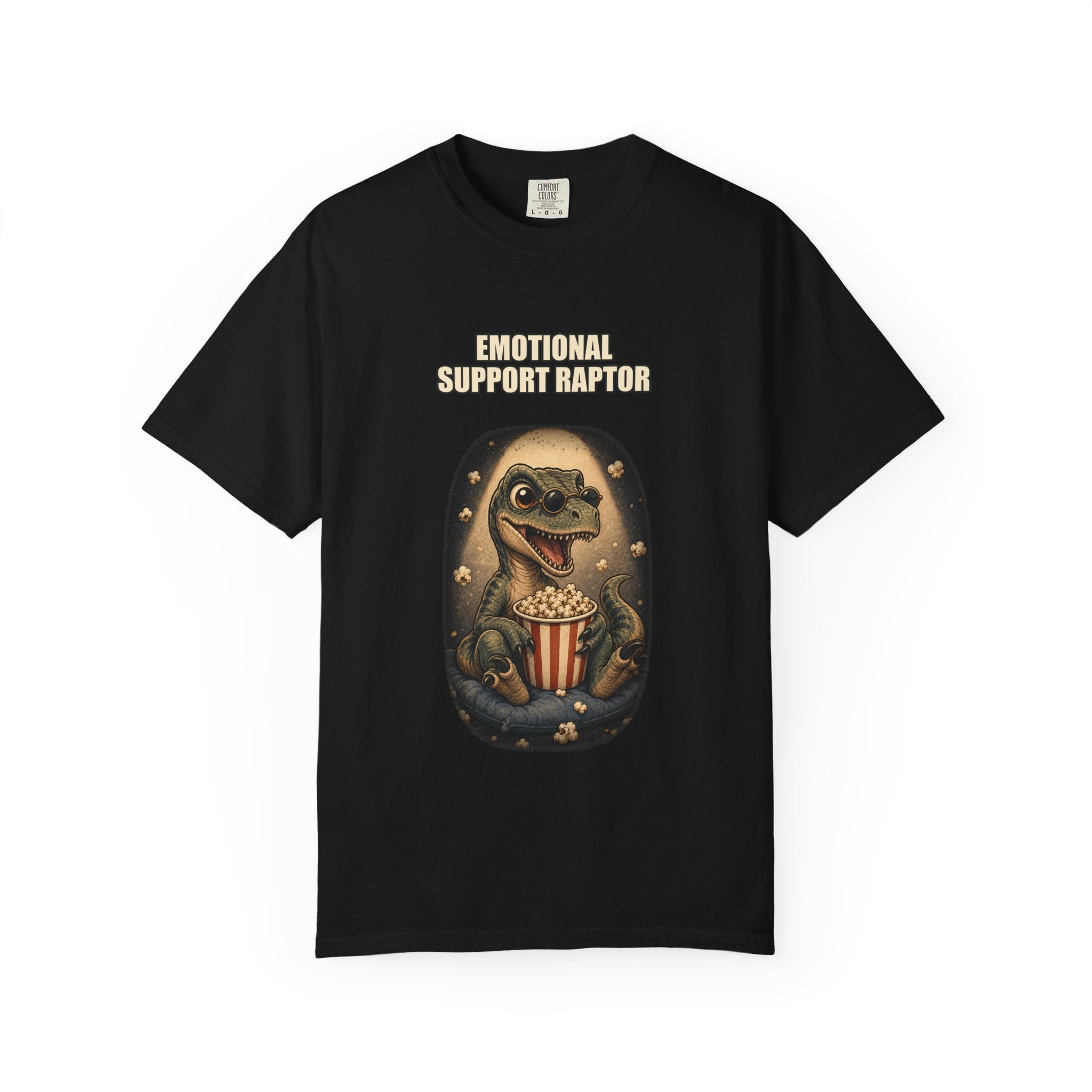 Emotional Support Raptor T-Shirt — Funny Dino Graphic Tee with Popcorn