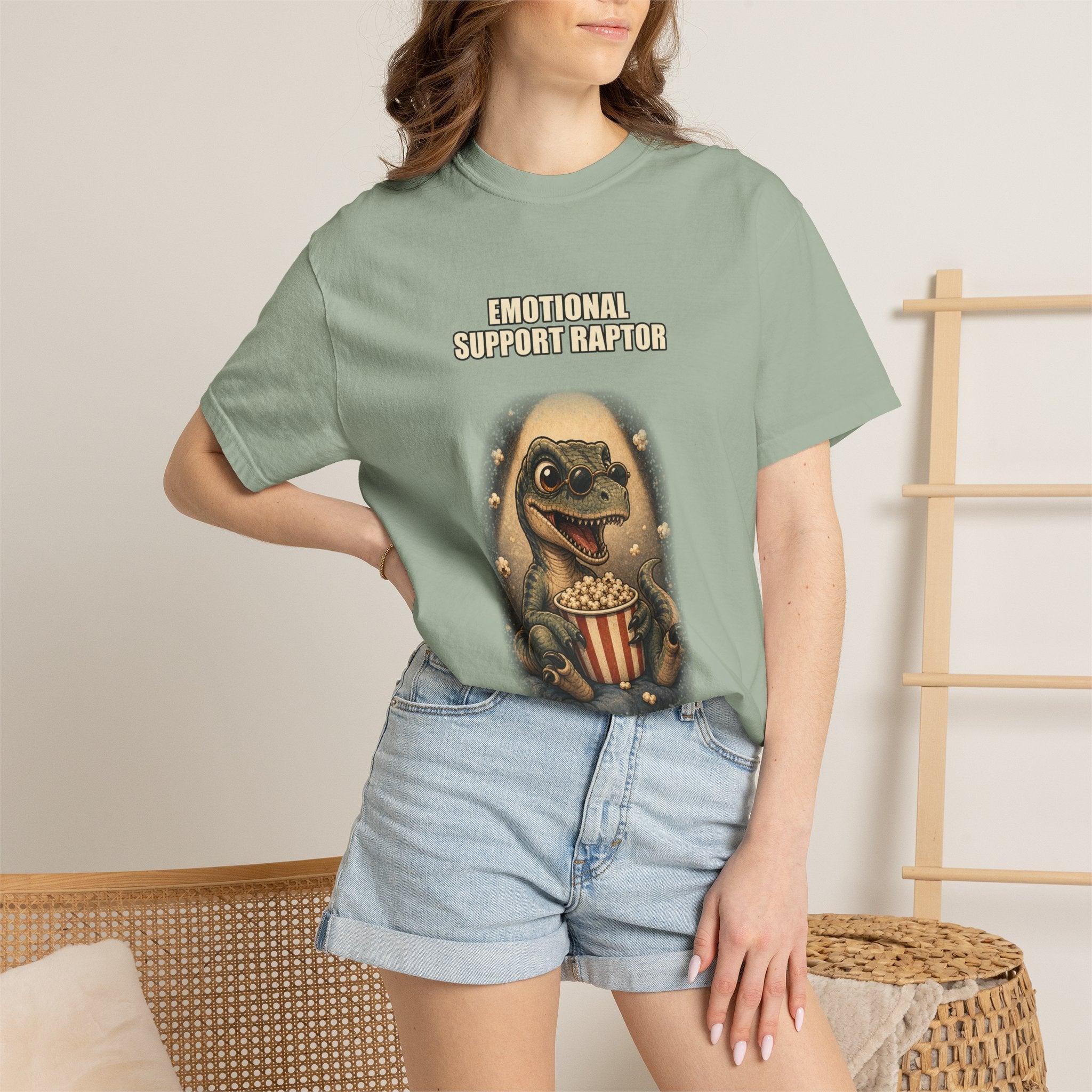 Emotional Support Raptor T-Shirt — Funny Dino Graphic Tee with Popcorn