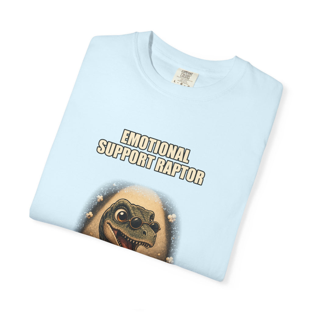 Emotional Support Raptor T-Shirt — Funny Dino Graphic Tee with Popcorn
