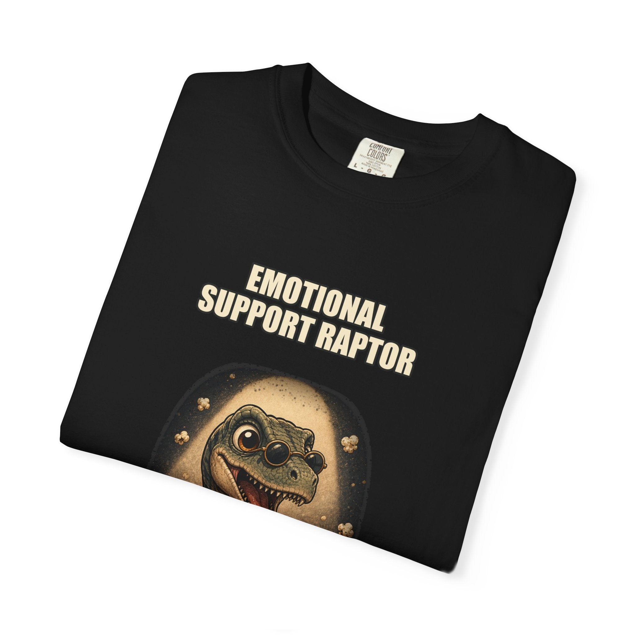Emotional Support Raptor T-Shirt — Funny Dino Graphic Tee with Popcorn