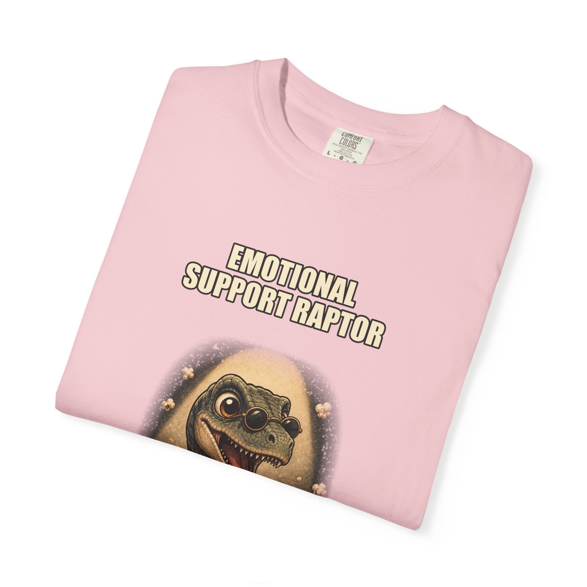 Emotional Support Raptor T-Shirt — Funny Dino Graphic Tee with Popcorn